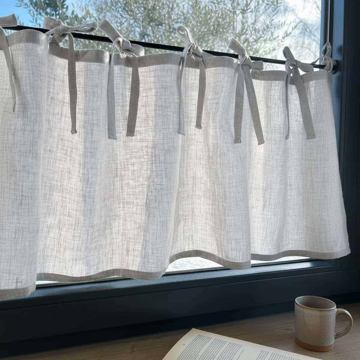 Tie Top Linen Cafe Curtains, White Linen Cafe Curtains