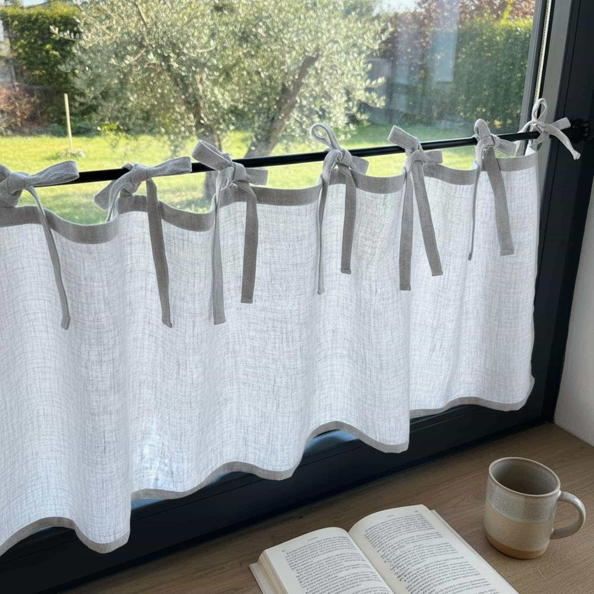 Tie Top Linen Cafe Curtains, White Linen Cafe Curtains