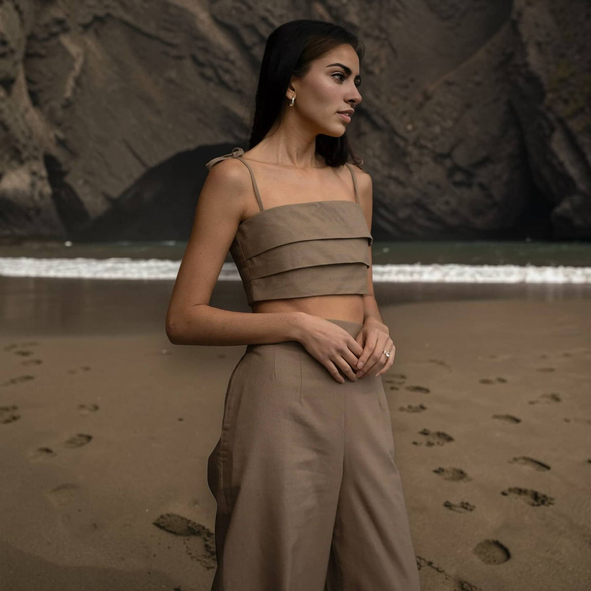Linen Cami Crop Top, Tie Strap Linen Top