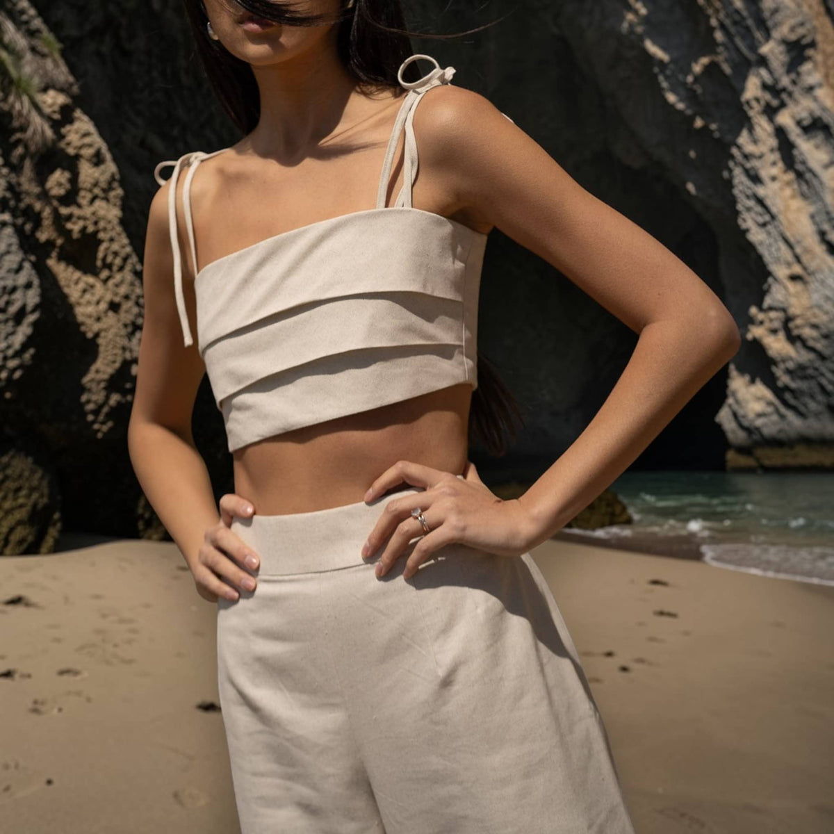 Linen Cami Crop Top, Tie Strap Linen Top