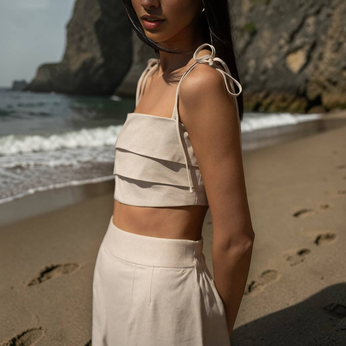 Linen Cami Crop Top, Tie Strap Linen Top