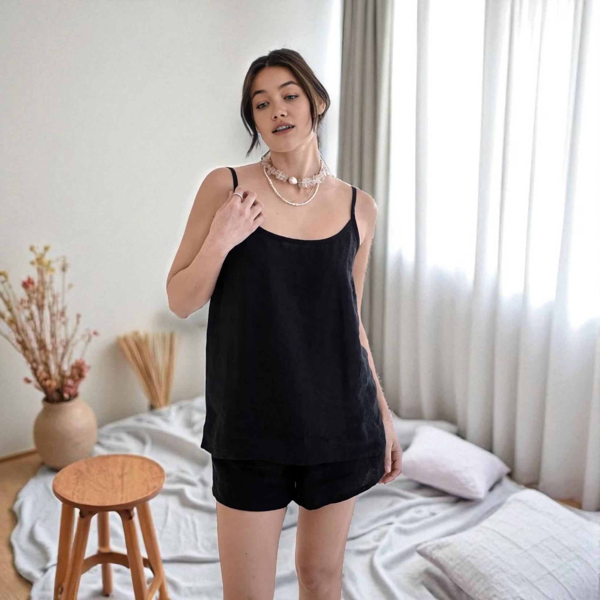 Linen Womens Pajamas, Linen Cami Top And Lounge Shorts Set