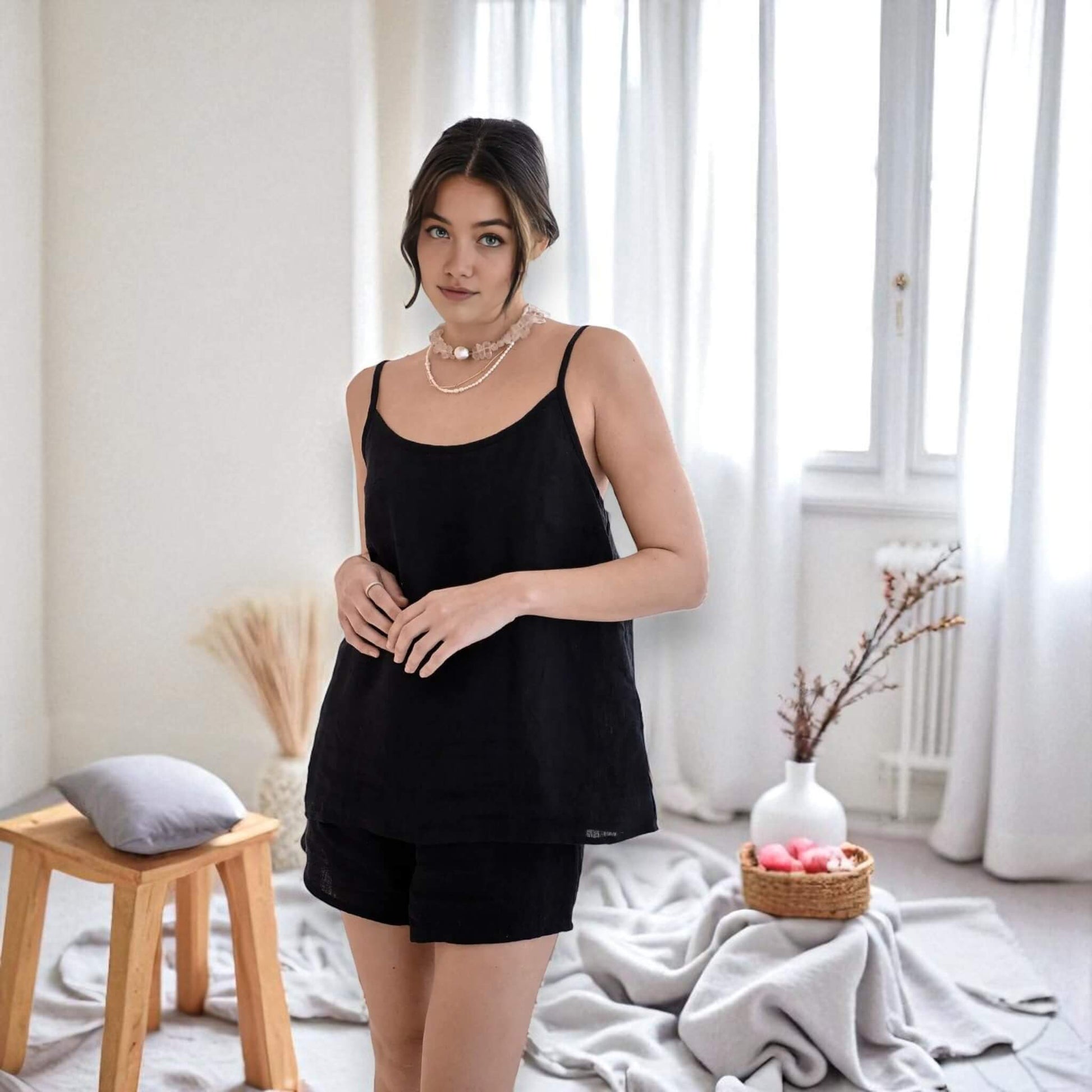 Linen Womens Pajamas, Linen Cami Top And Lounge Shorts Set