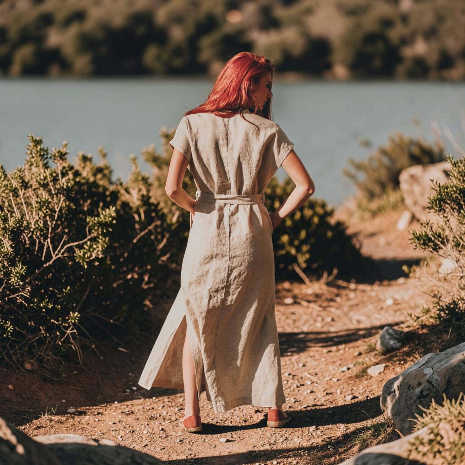 Linen Cap Sleeve Maxi Dress, Tie Waist Side Slit