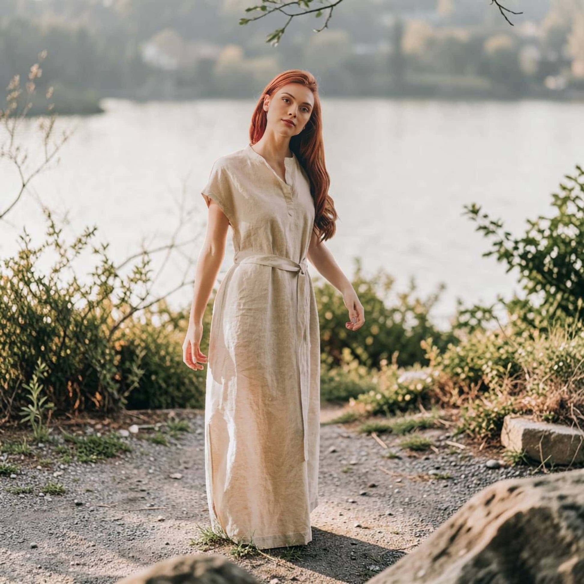 Linen Cap Sleeve Maxi Dress, Tie Waist Side Slit