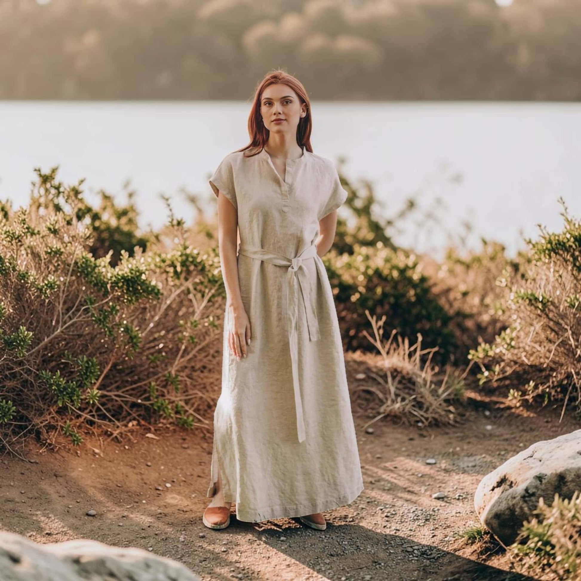 Linen Cap Sleeve Maxi Dress, Tie Waist Side Slit