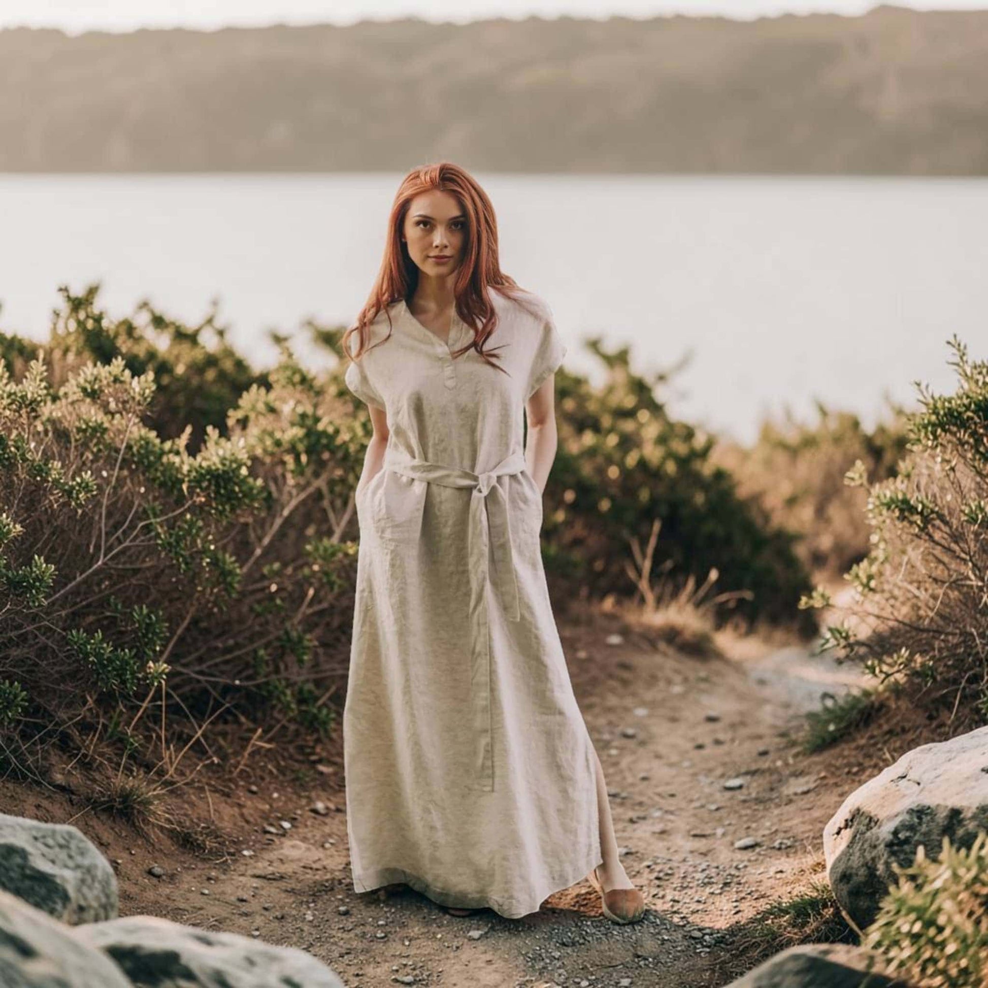 Linen Cap Sleeve Maxi Dress, Tie Waist Side Slit