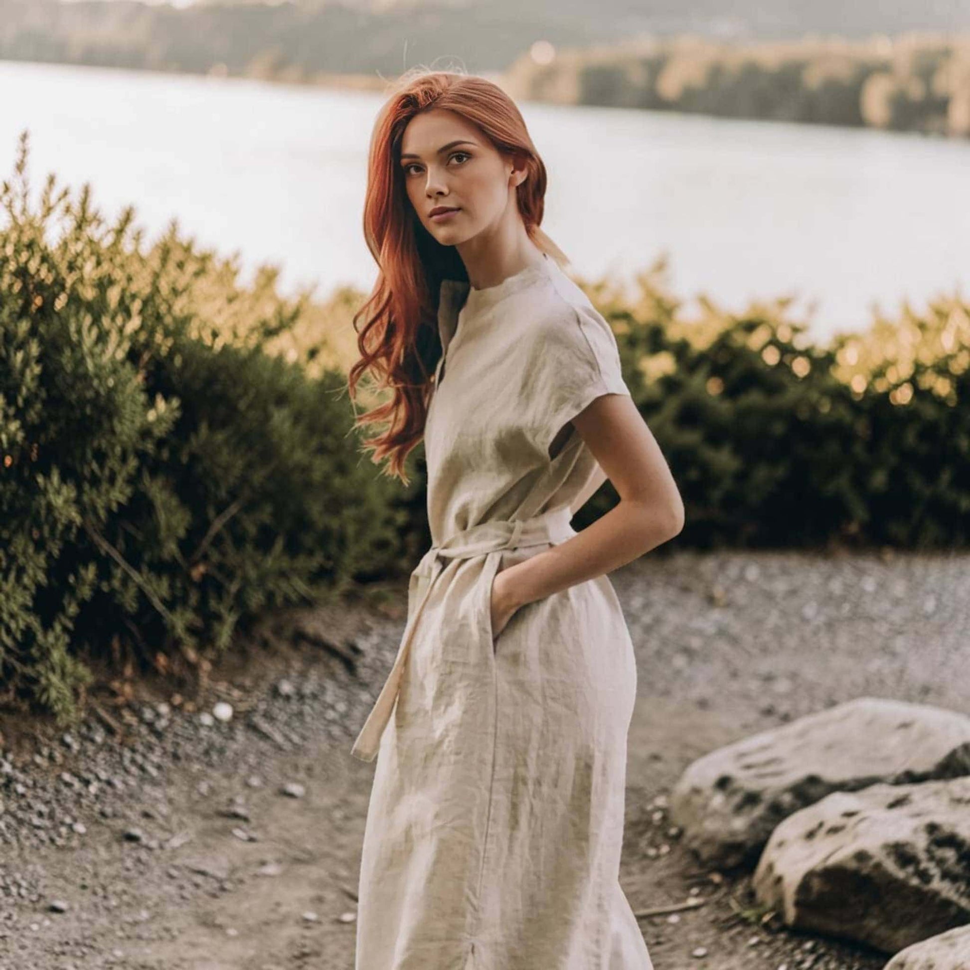 Linen Cap Sleeve Maxi Dress, Tie Waist Side Slit