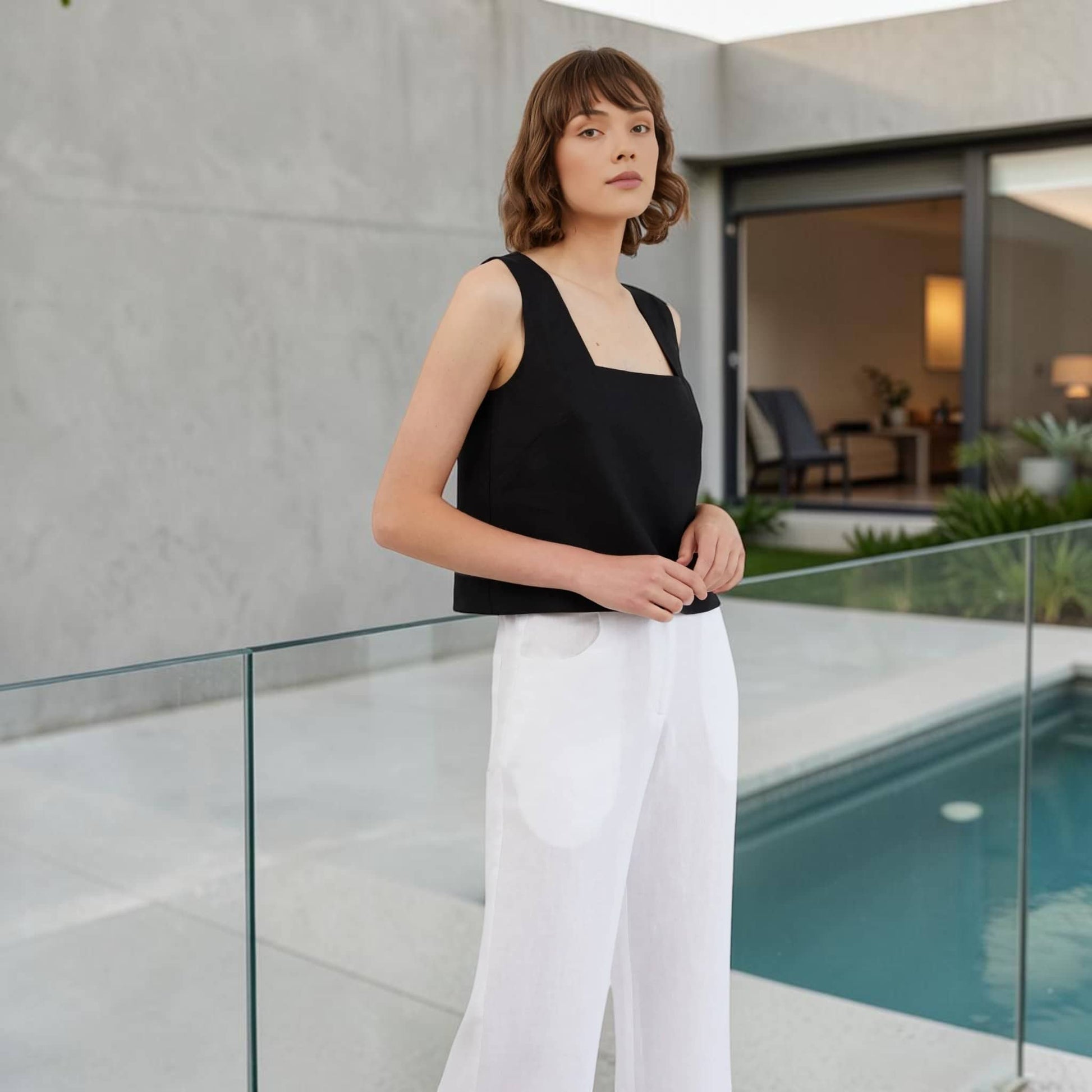 Linen Cropped Pants, High Waist Wide Leg