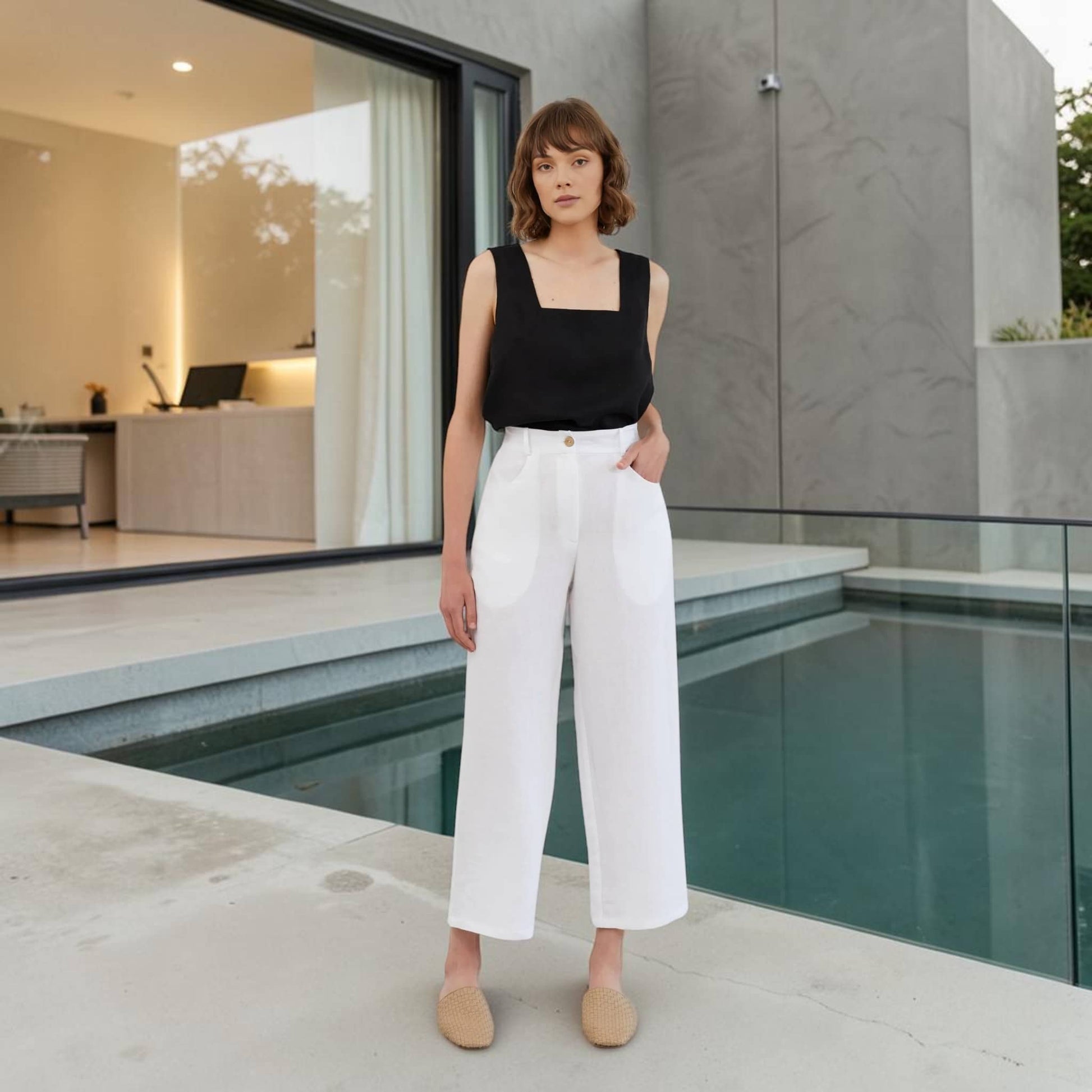 Linen Cropped Pants, High Waist Wide Leg