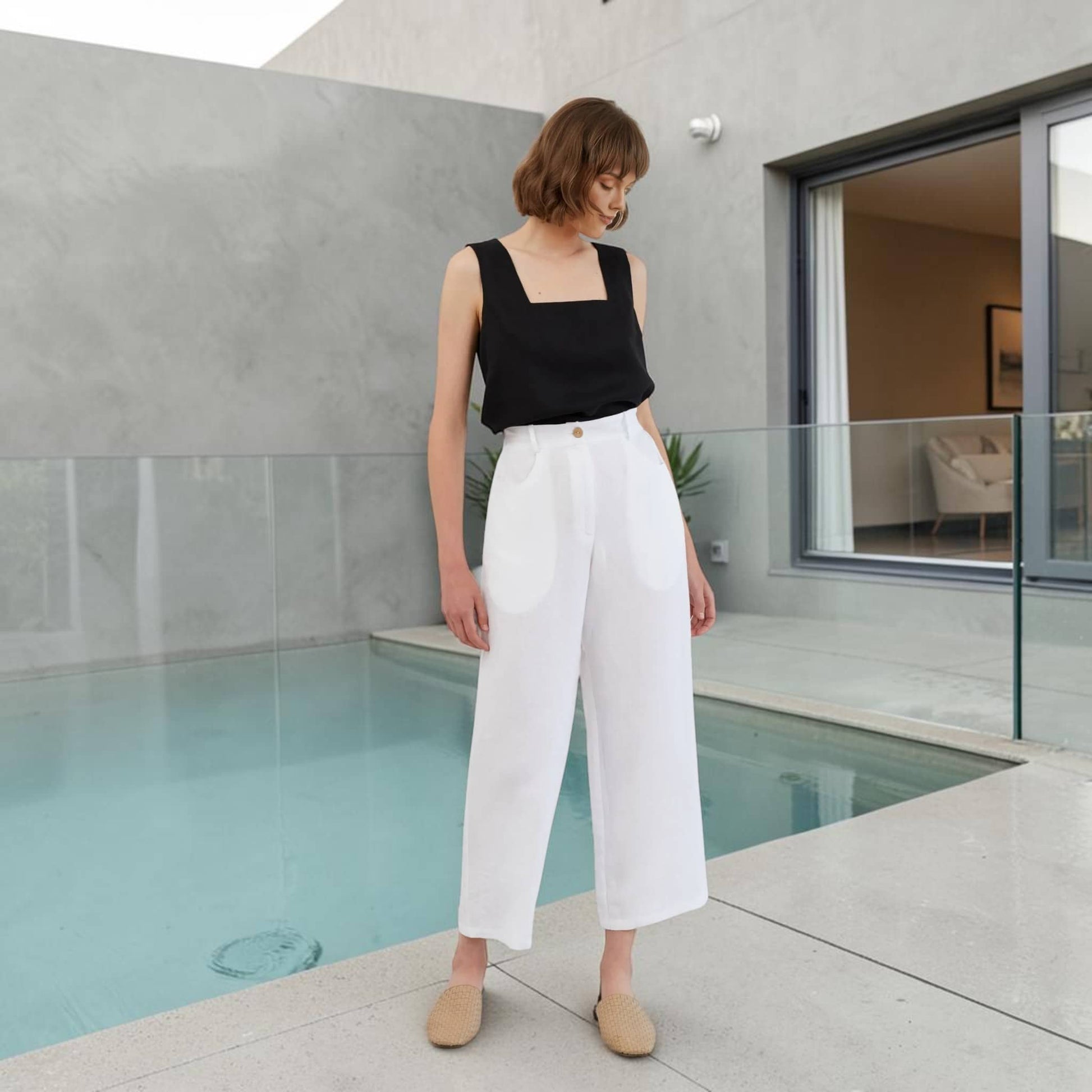 Linen Cropped Pants, High Waist Wide Leg