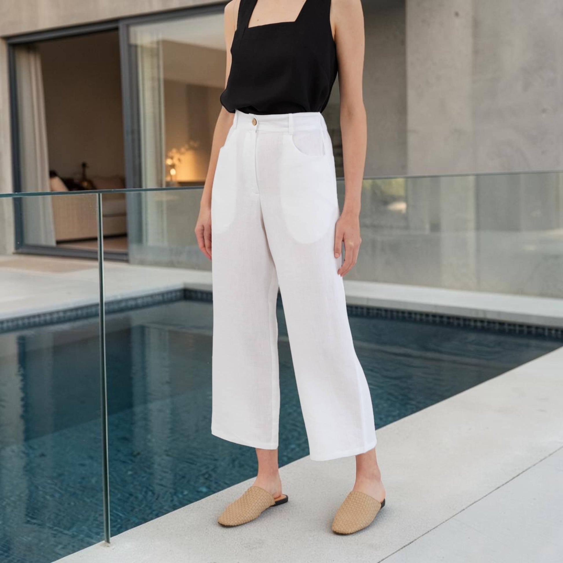 Linen Cropped Pants, High Waist Wide Leg