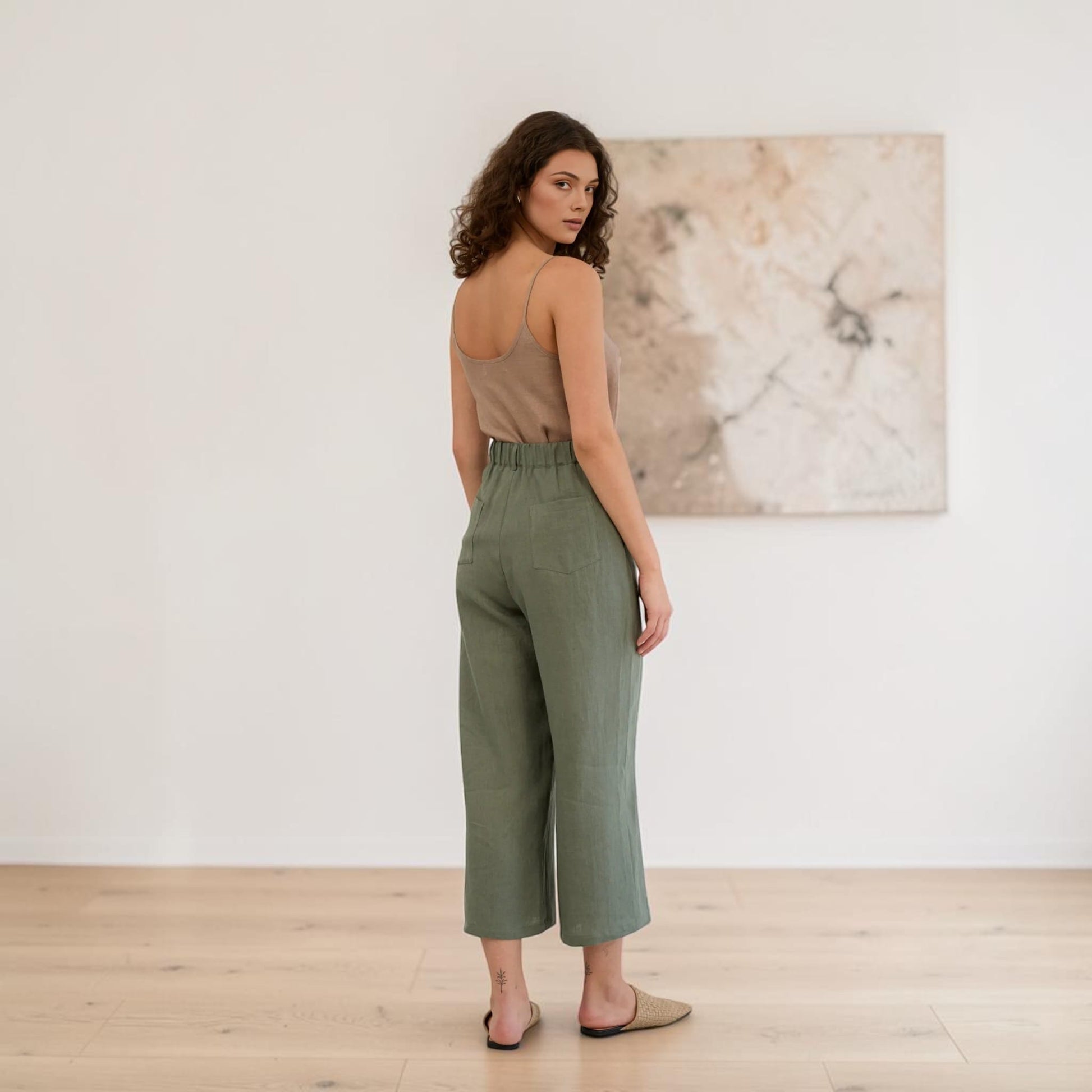 Linen Cropped Pants, Wide Leg Patch Pocket