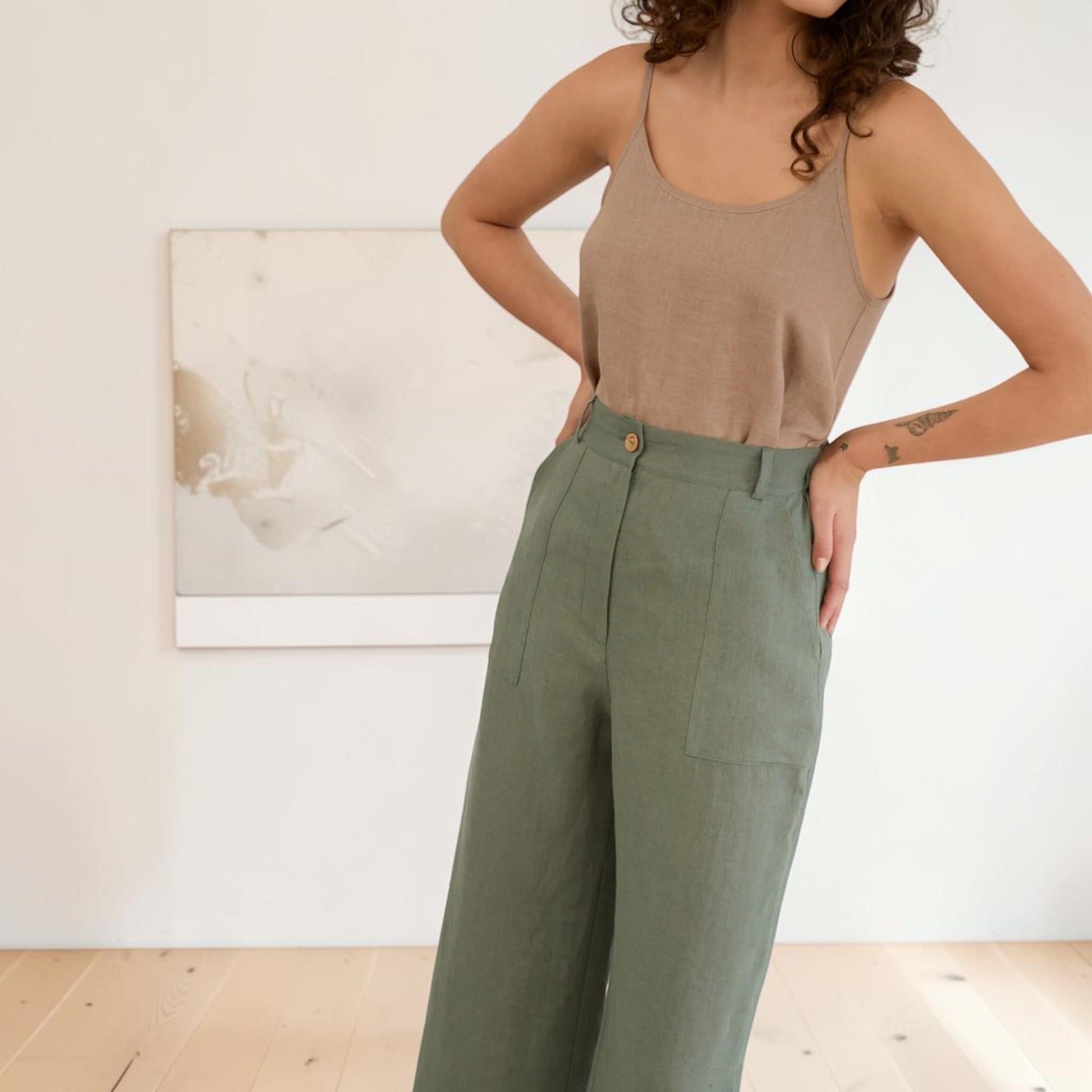 Linen Cropped Pants, Wide Leg Patch Pocket