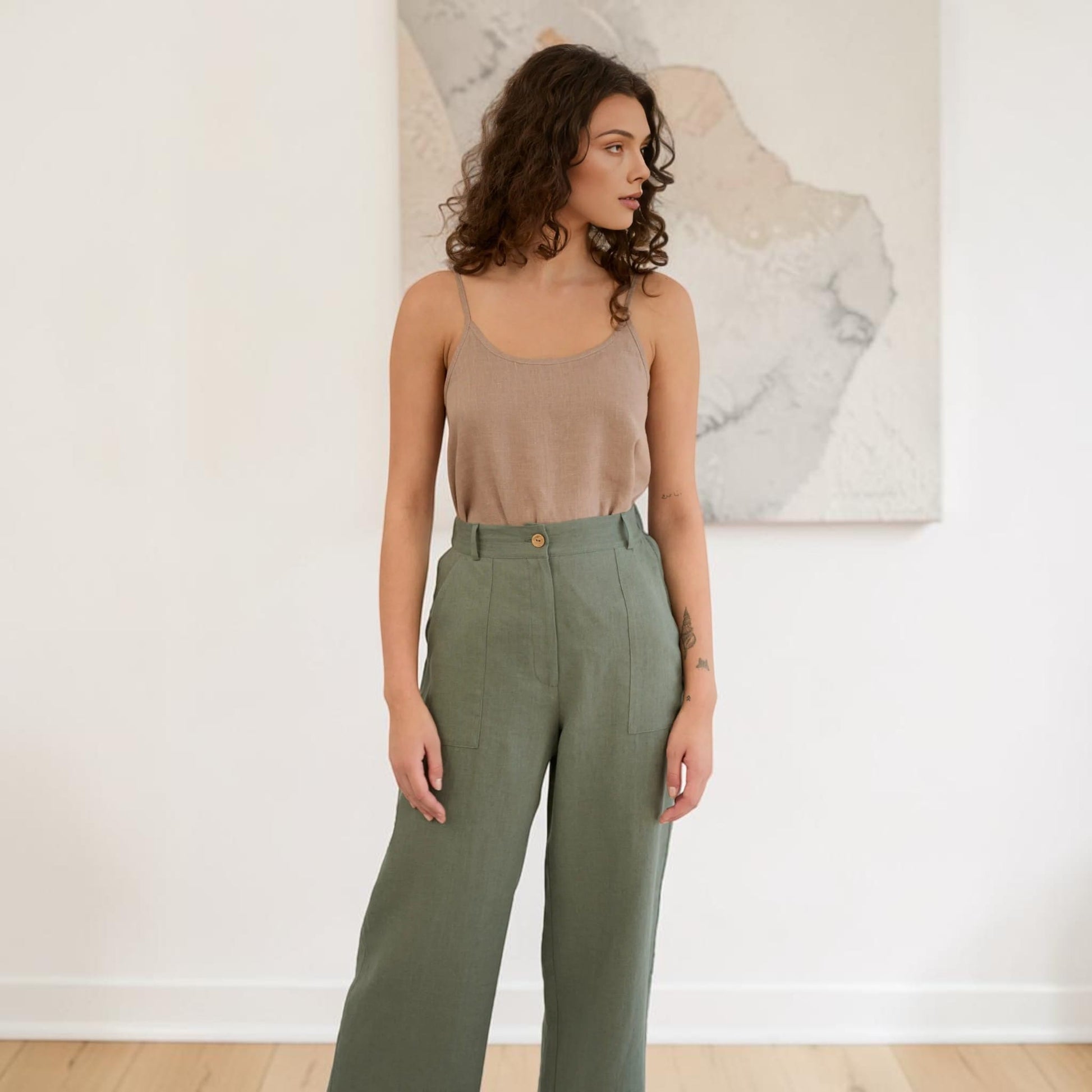 Linen Cropped Pants, Wide Leg Patch Pocket