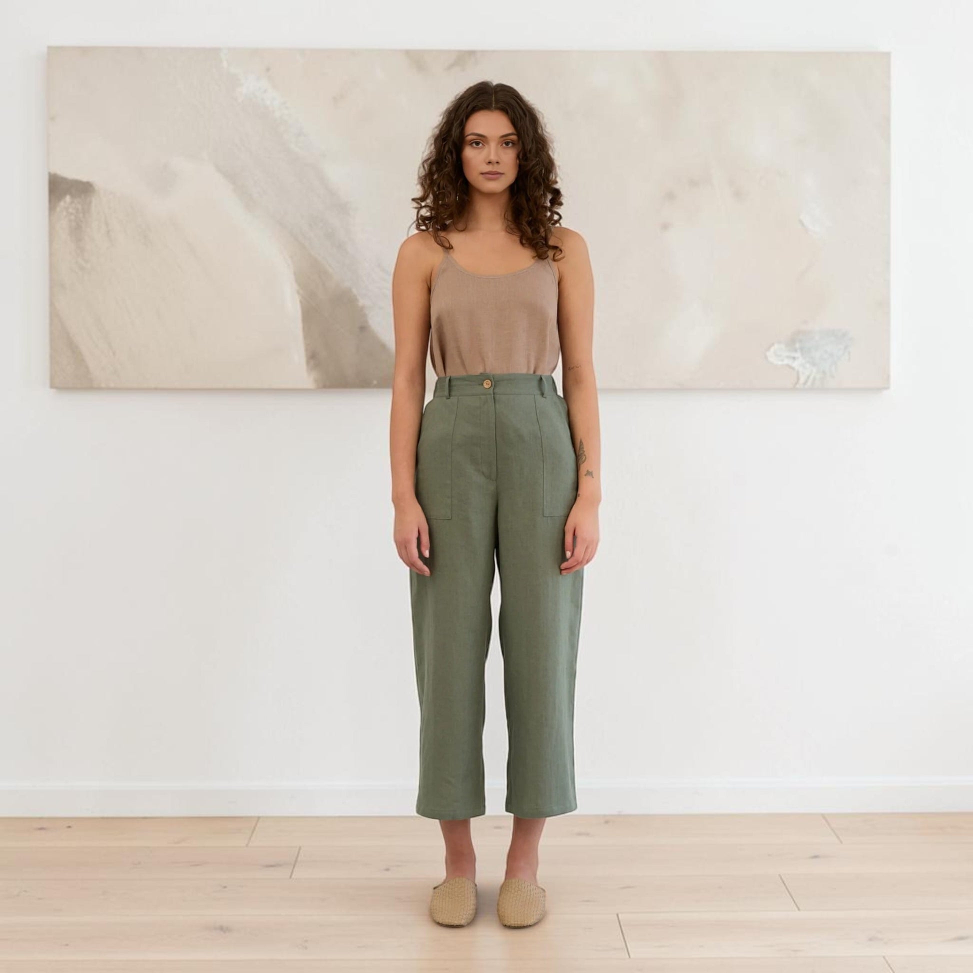 Linen Cropped Pants, Wide Leg Patch Pocket