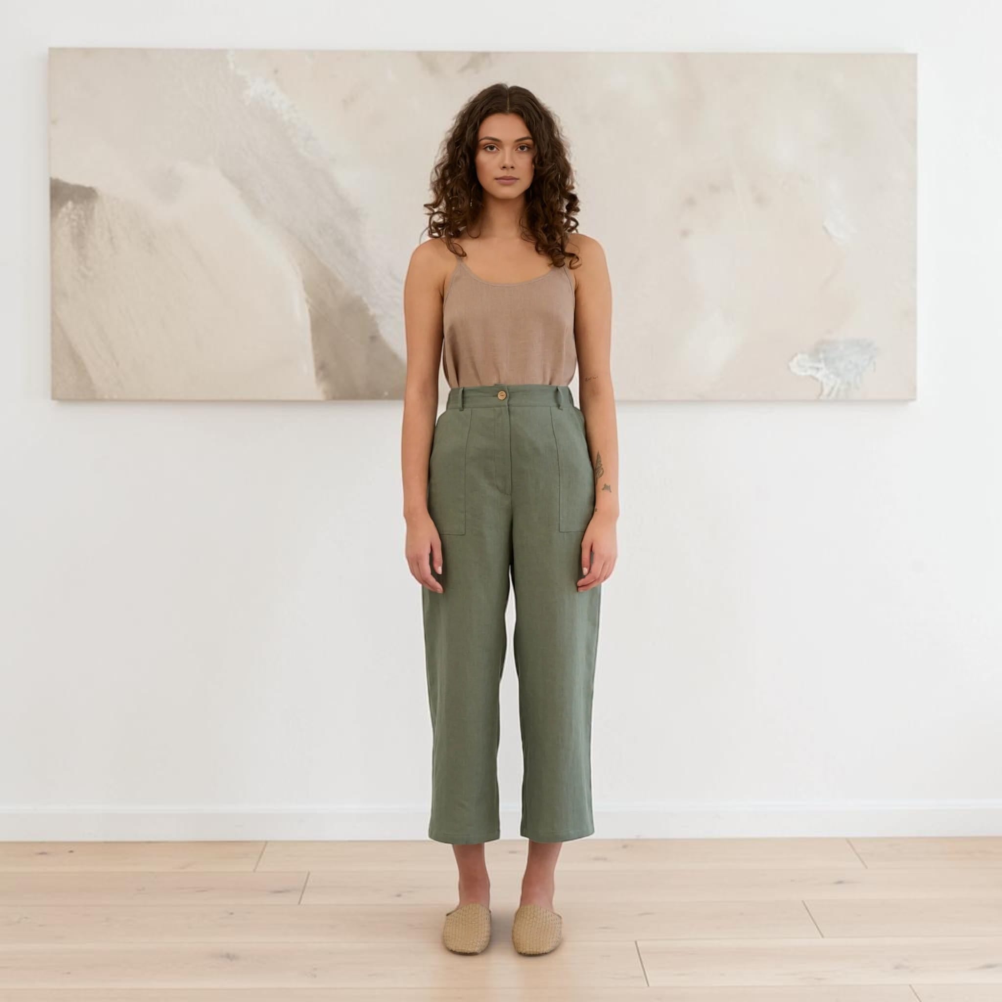 Linen Cropped Pants, Wide Leg Patch Pocket