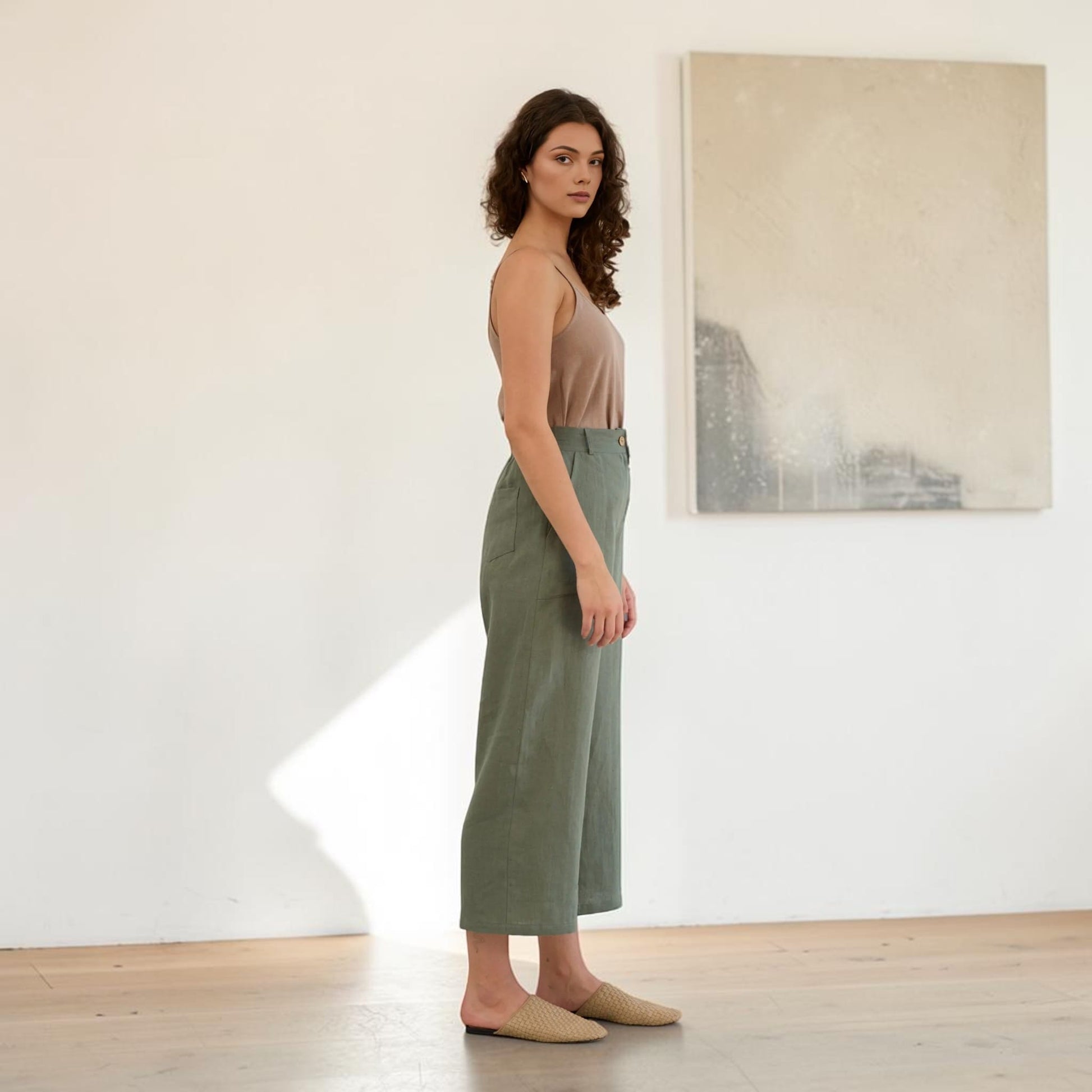 Linen Cropped Pants, Wide Leg Patch Pocket