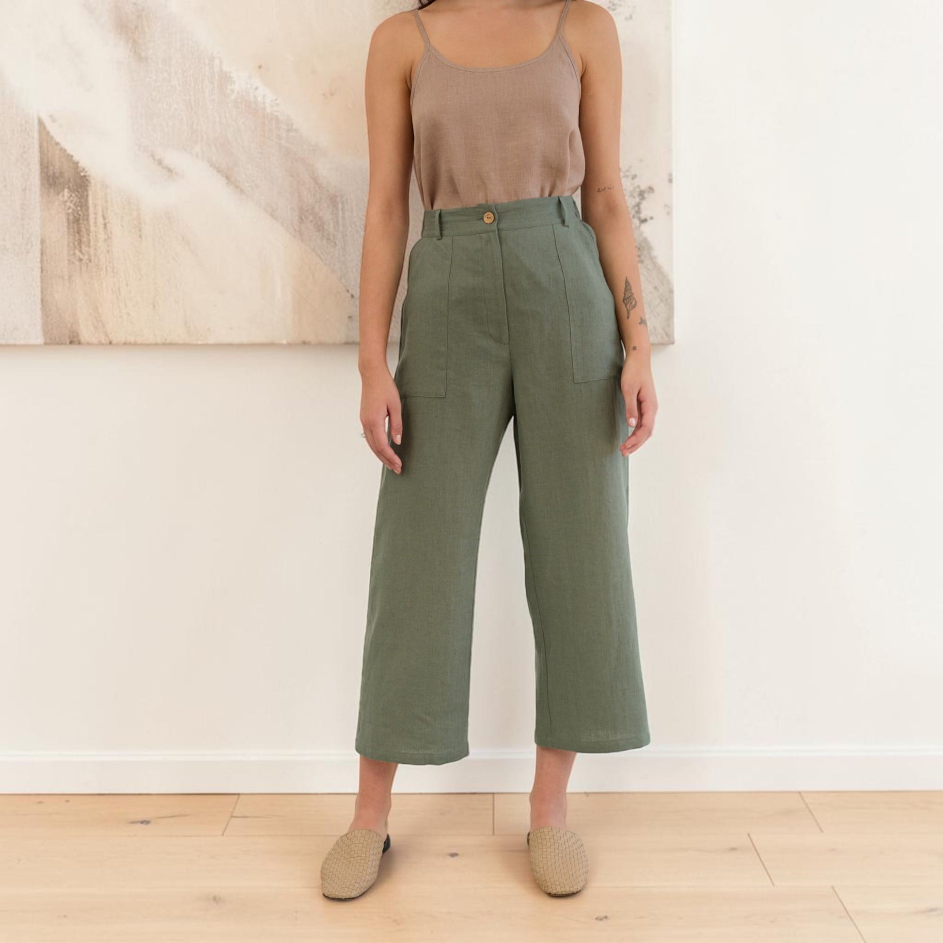 Linen Cropped Pants, Wide Leg Patch Pocket