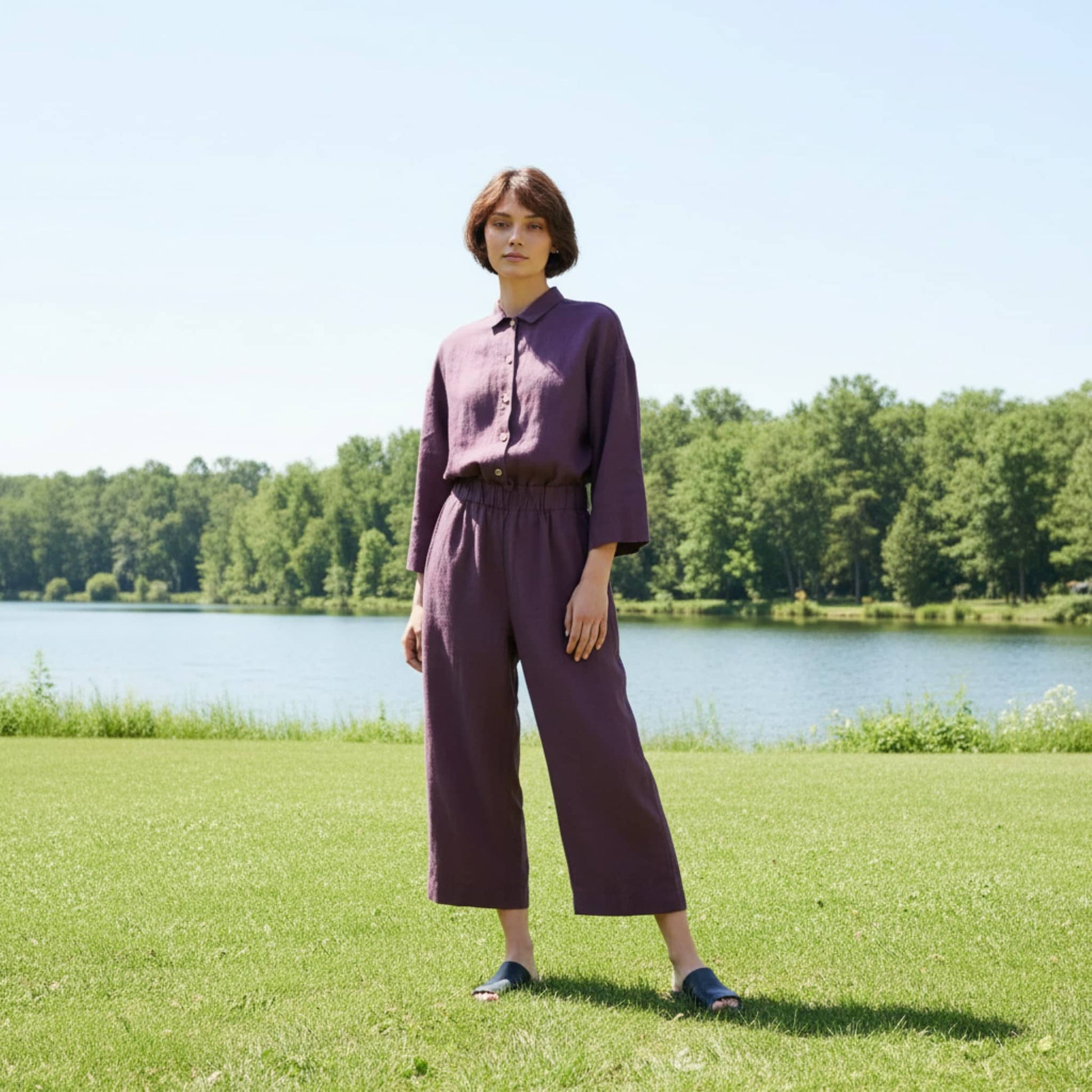 Linen Culotte Jumpsuit, Button-Front Shirt Collar