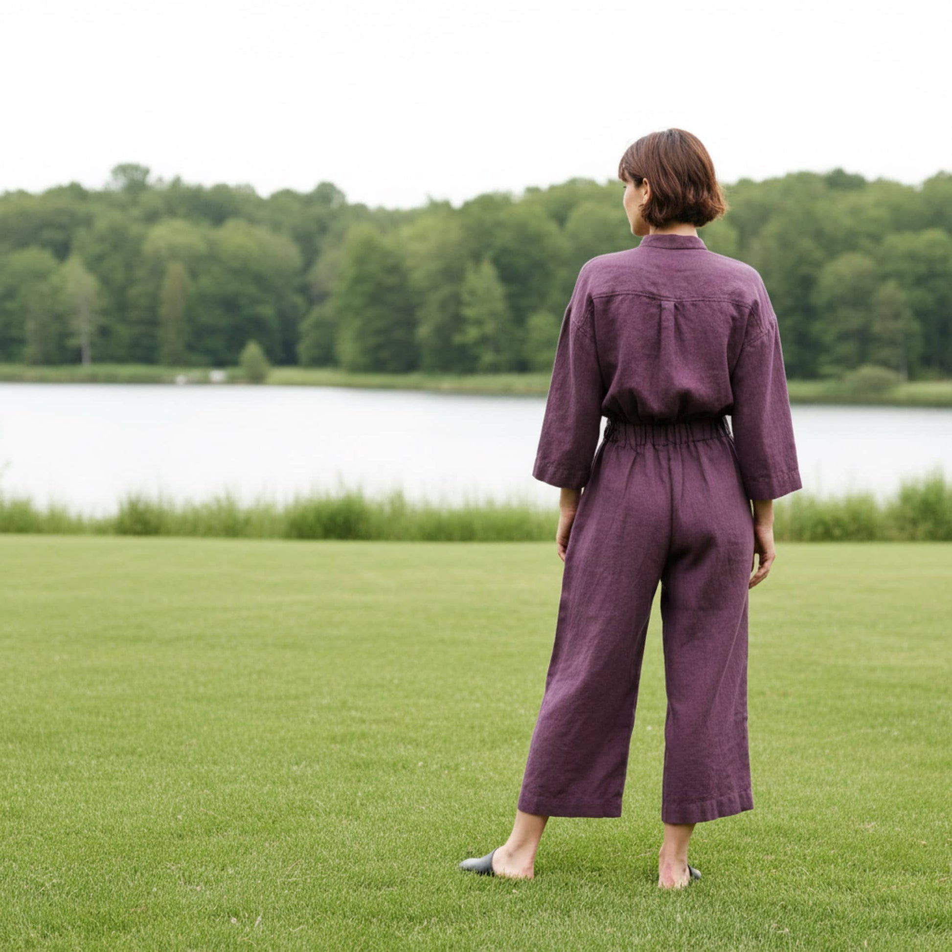 Linen Culotte Jumpsuit, Button-Front Shirt Collar