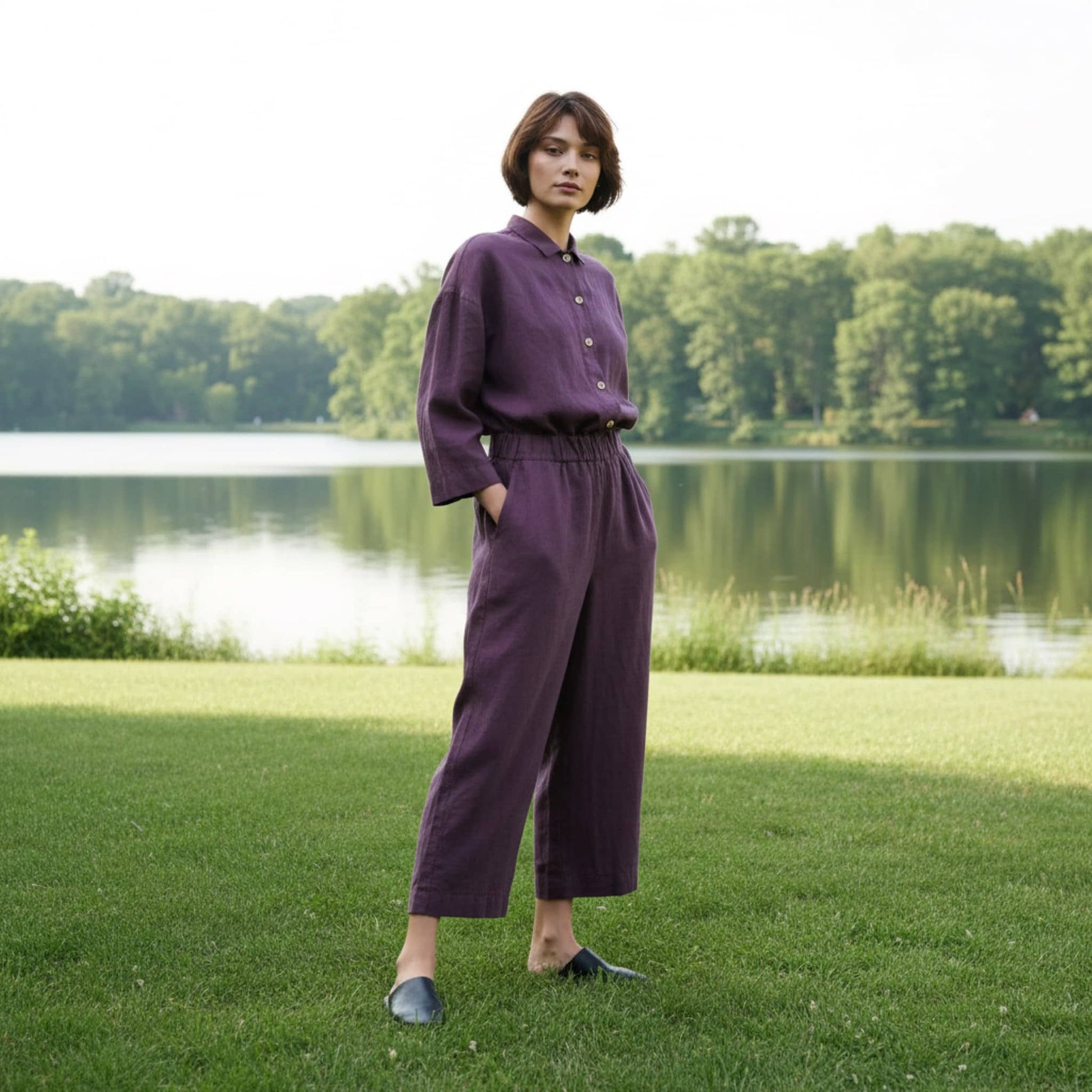 Linen Culotte Jumpsuit, Button-Front Shirt Collar
