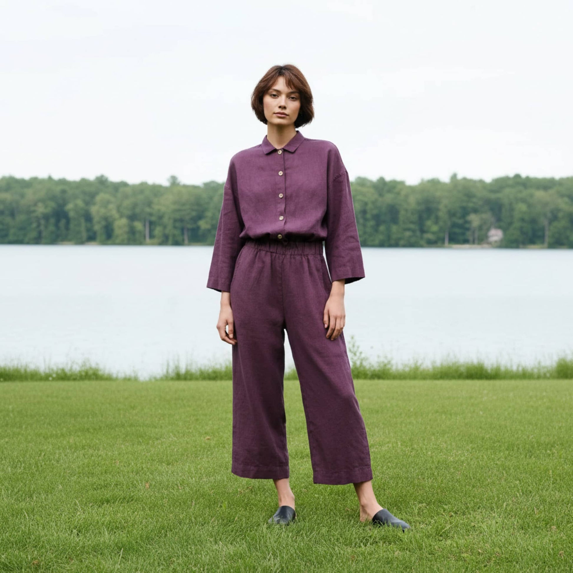 Linen Culotte Jumpsuit, Button-Front Shirt Collar
