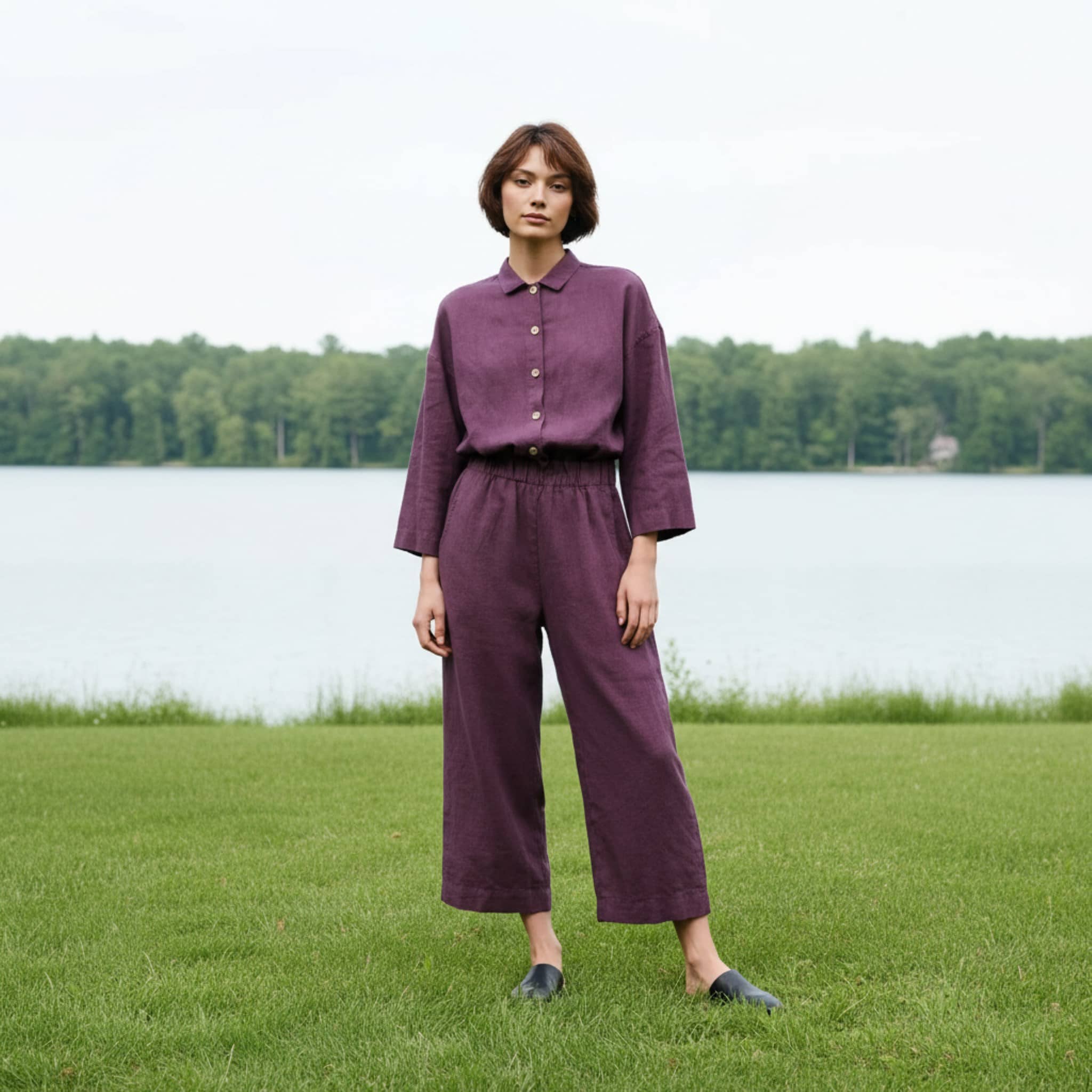 Linen Culotte Jumpsuit, Button-Front Shirt Collar