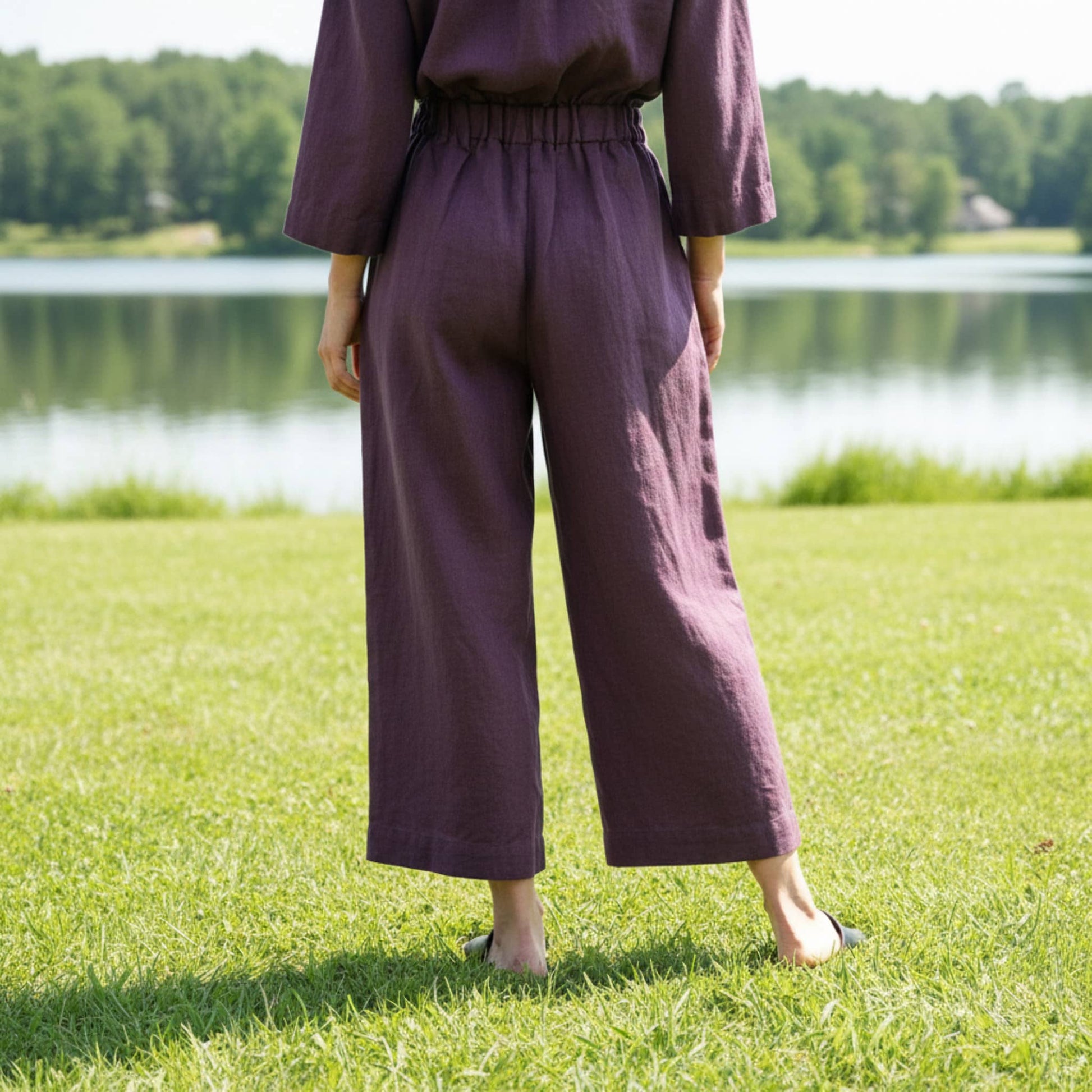 Linen Culotte Jumpsuit, Button-Front Shirt Collar