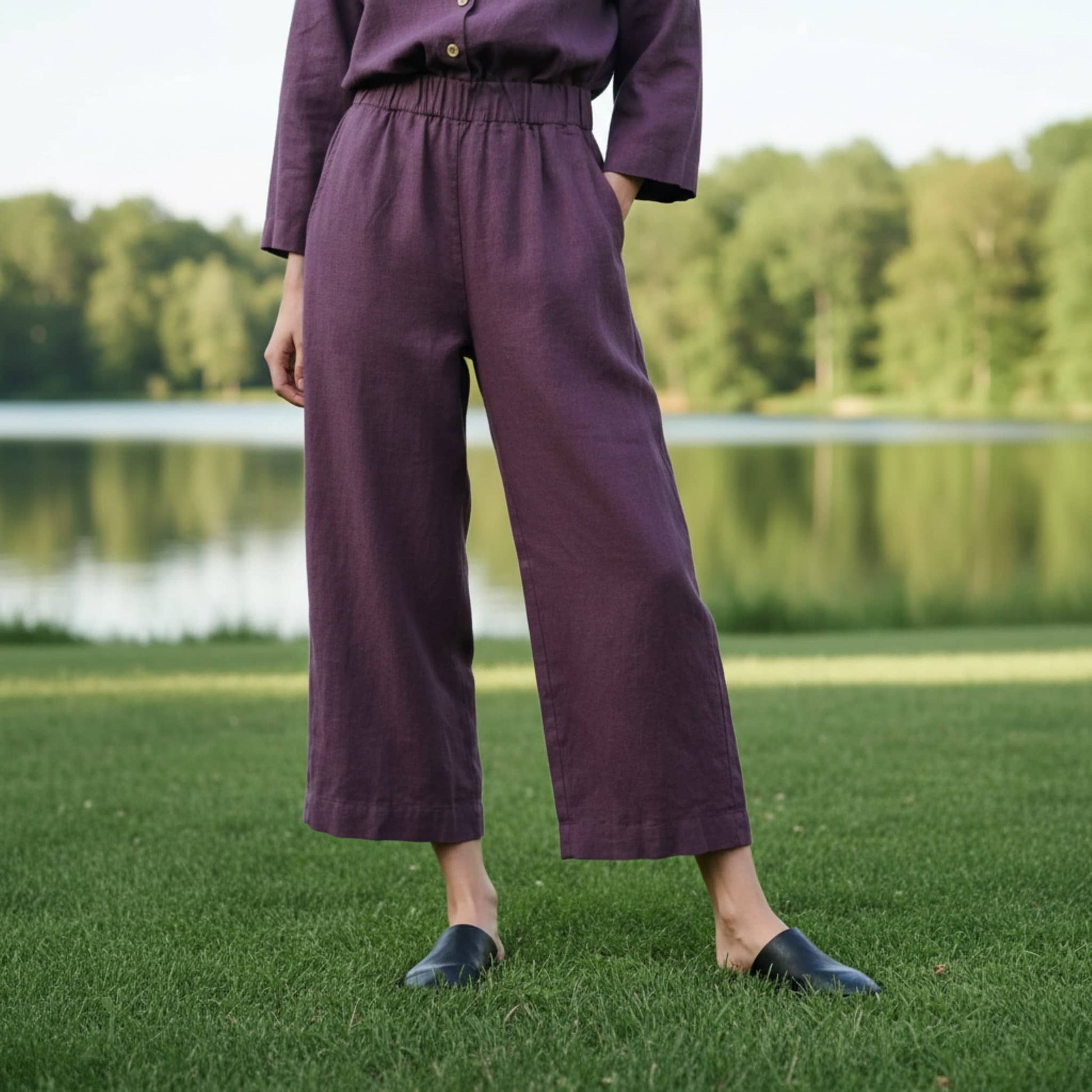 Linen Culotte Jumpsuit, Button-Front Shirt Collar