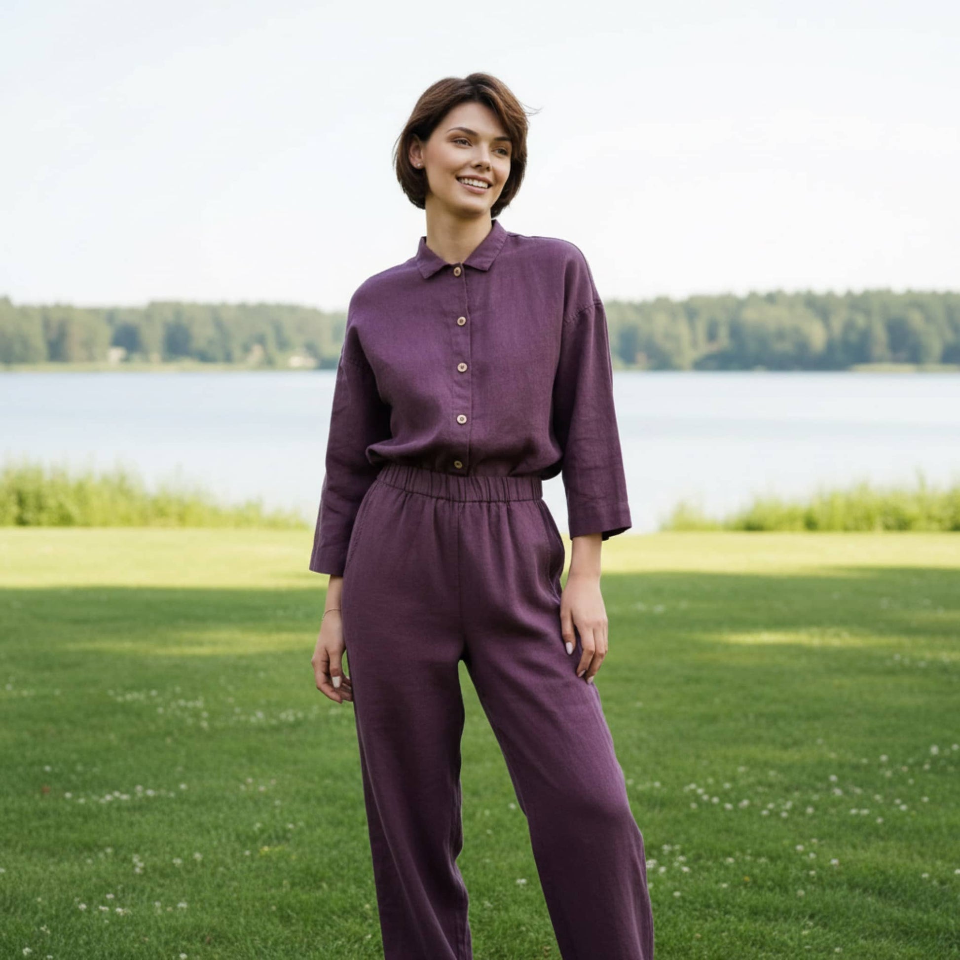 Linen Culotte Jumpsuit, Button-Front Shirt Collar