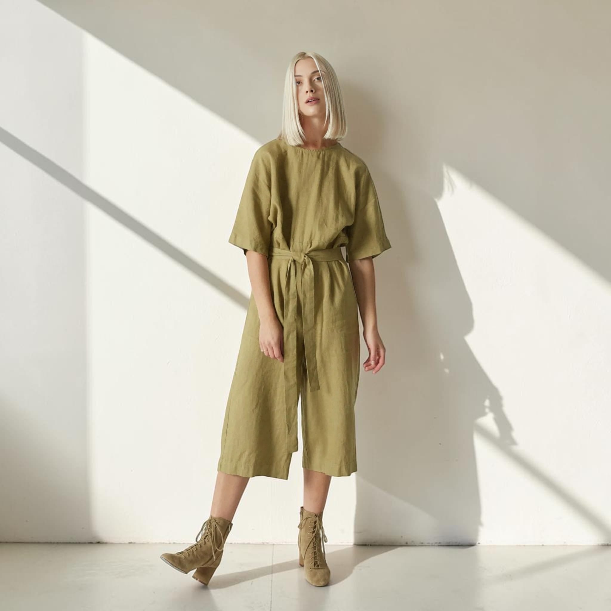 Linen Culotte Jumpsuit, Round Neck Tie Waist