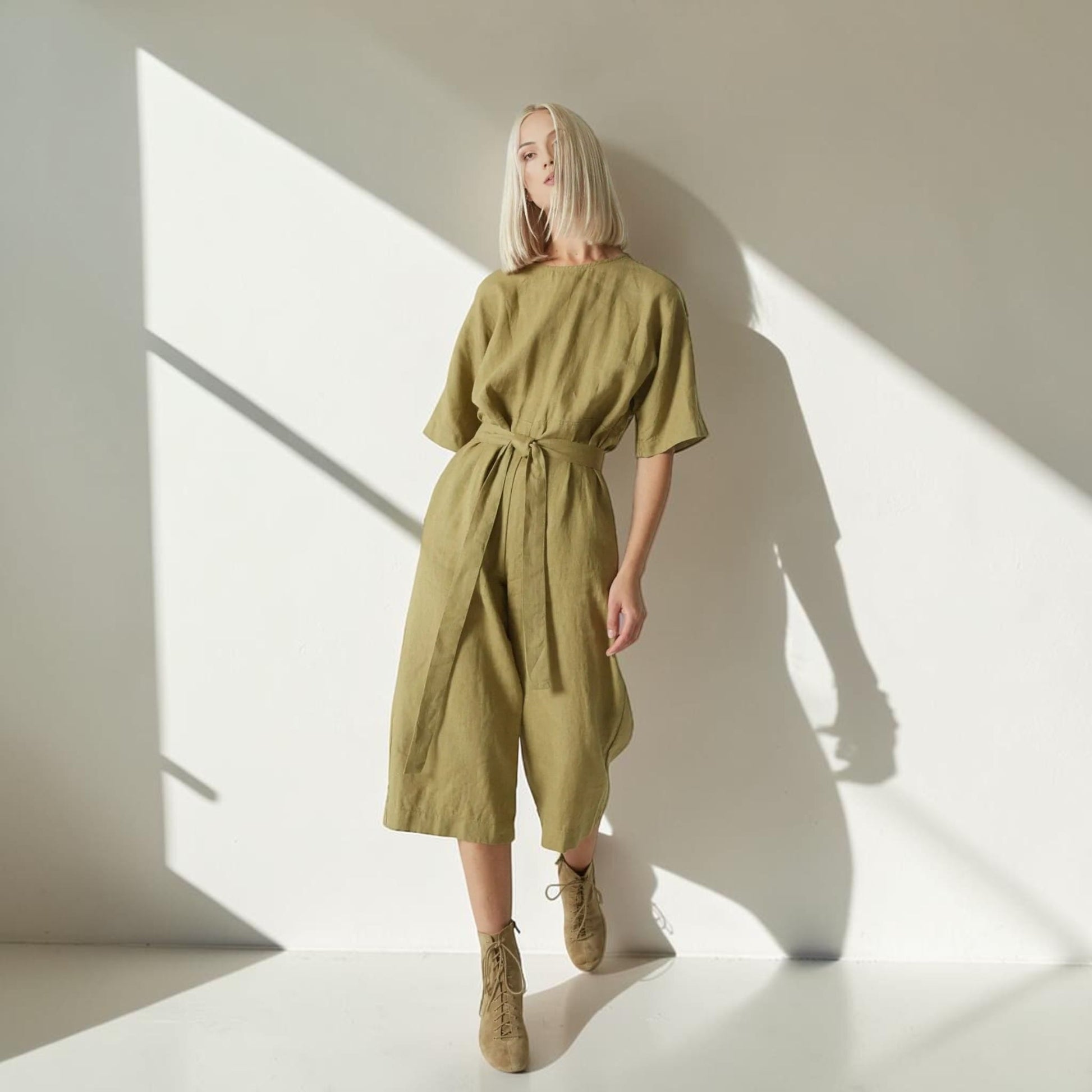 Linen Culotte Jumpsuit, Round Neck Tie Waist