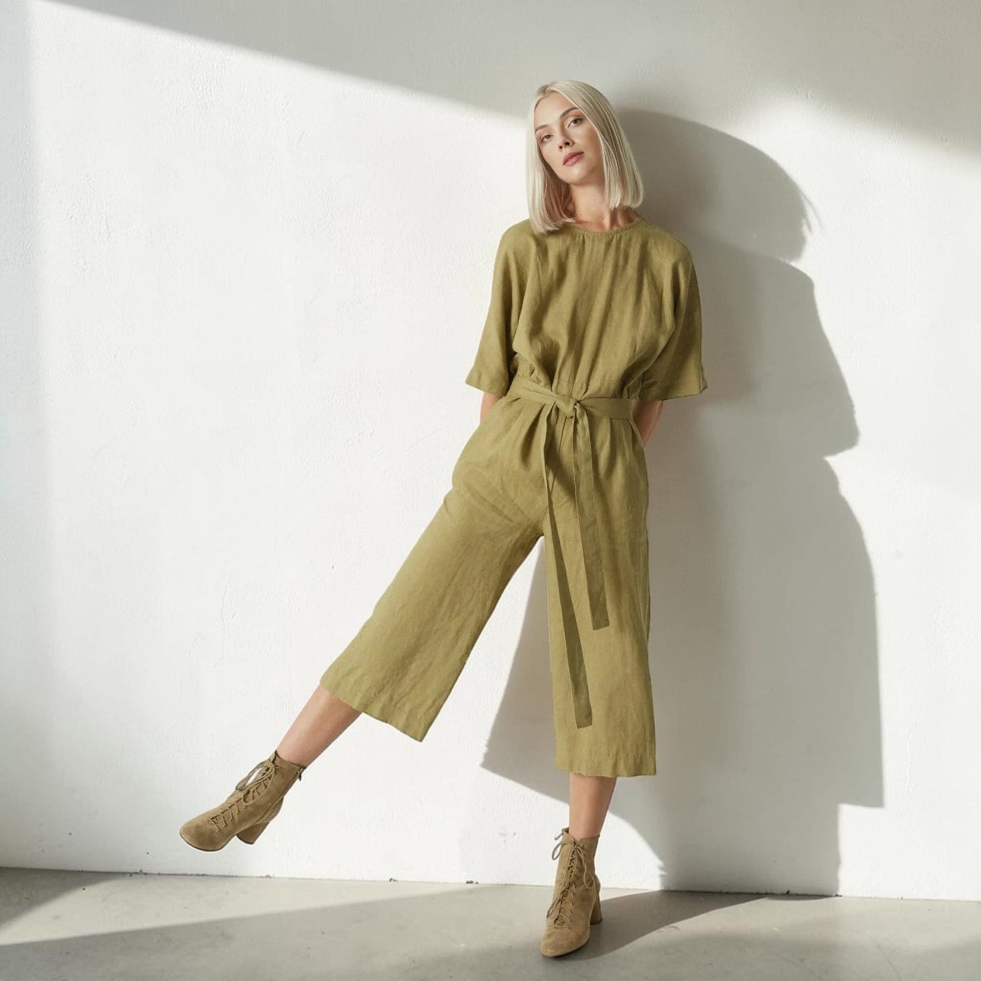 Linen Culotte Jumpsuit, Round Neck Tie Waist