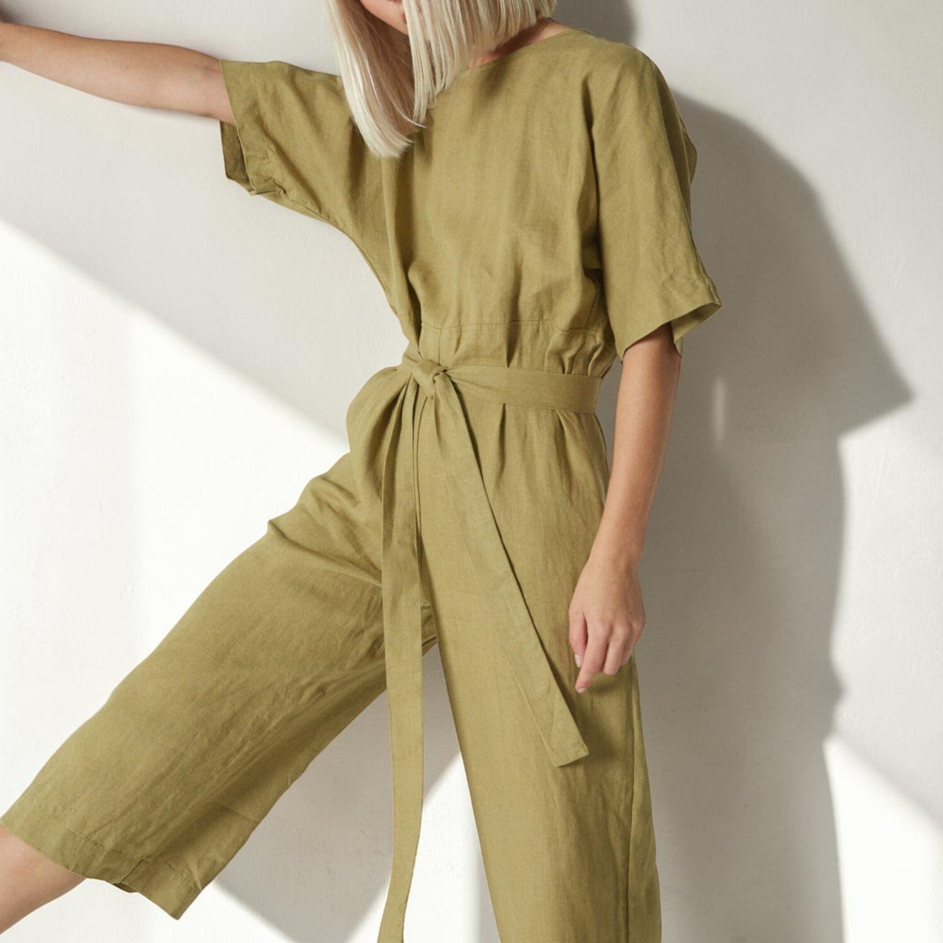 Linen Culotte Jumpsuit, Round Neck Tie Waist
