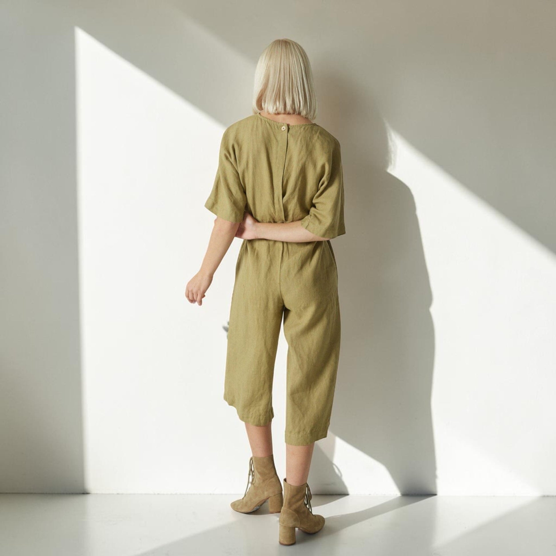 Linen Culotte Jumpsuit, Round Neck Tie Waist
