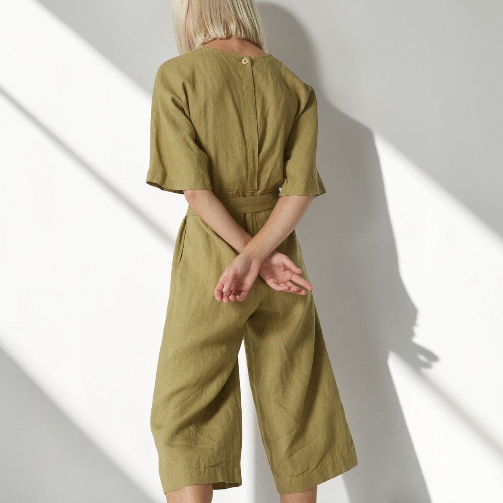 Linen Culotte Jumpsuit, Round Neck Tie Waist