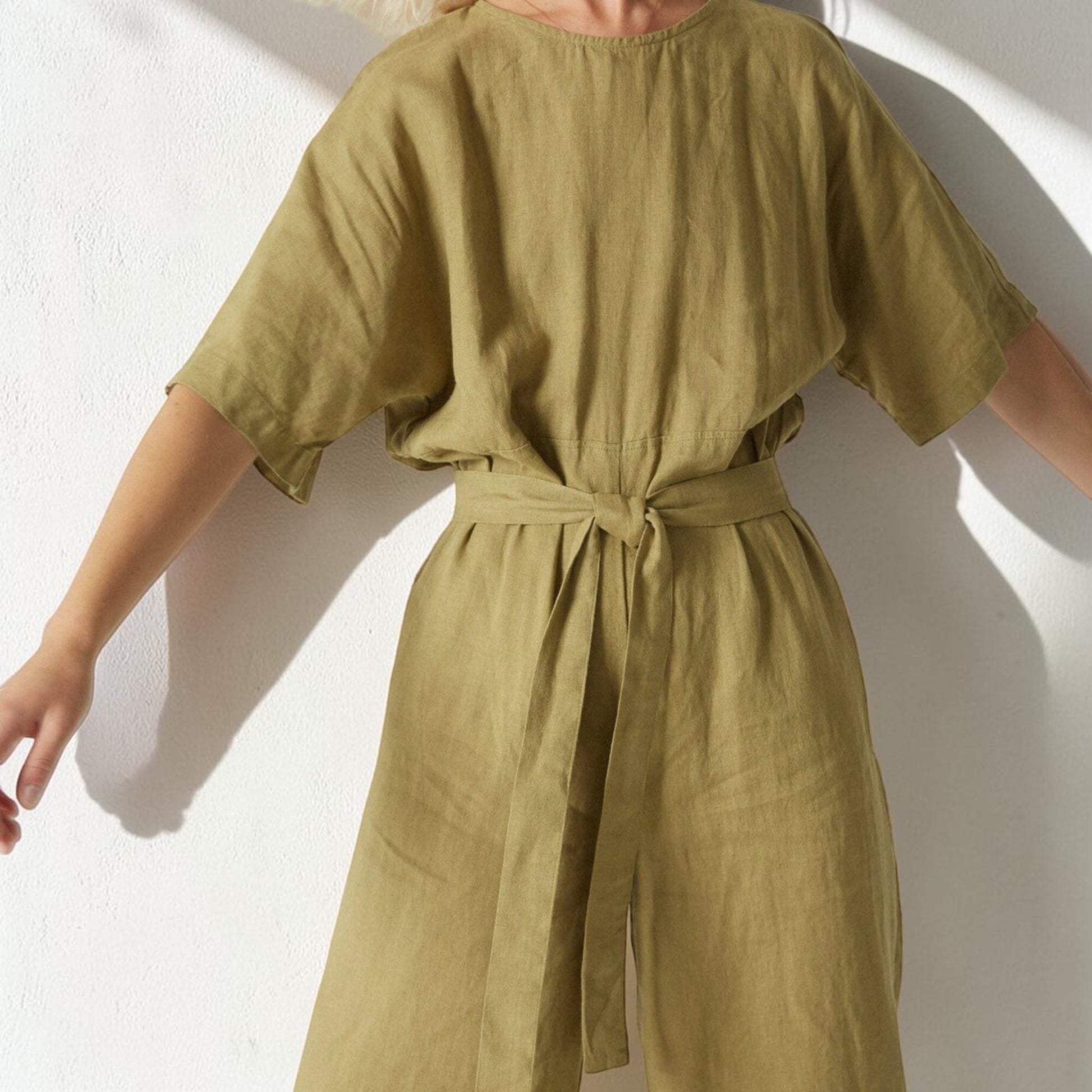 Linen Culotte Jumpsuit, Round Neck Tie Waist