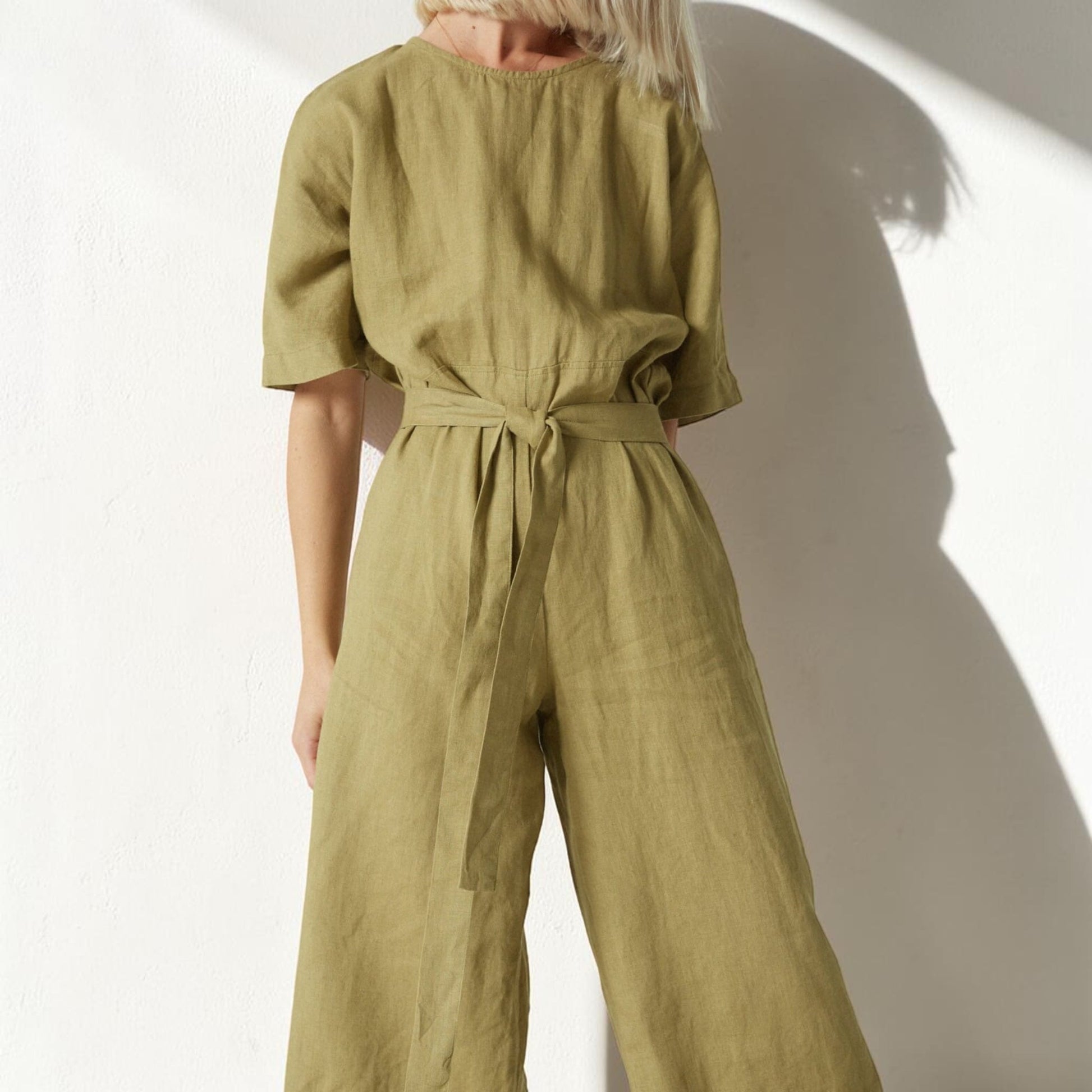 Linen Culotte Jumpsuit, Round Neck Tie Waist