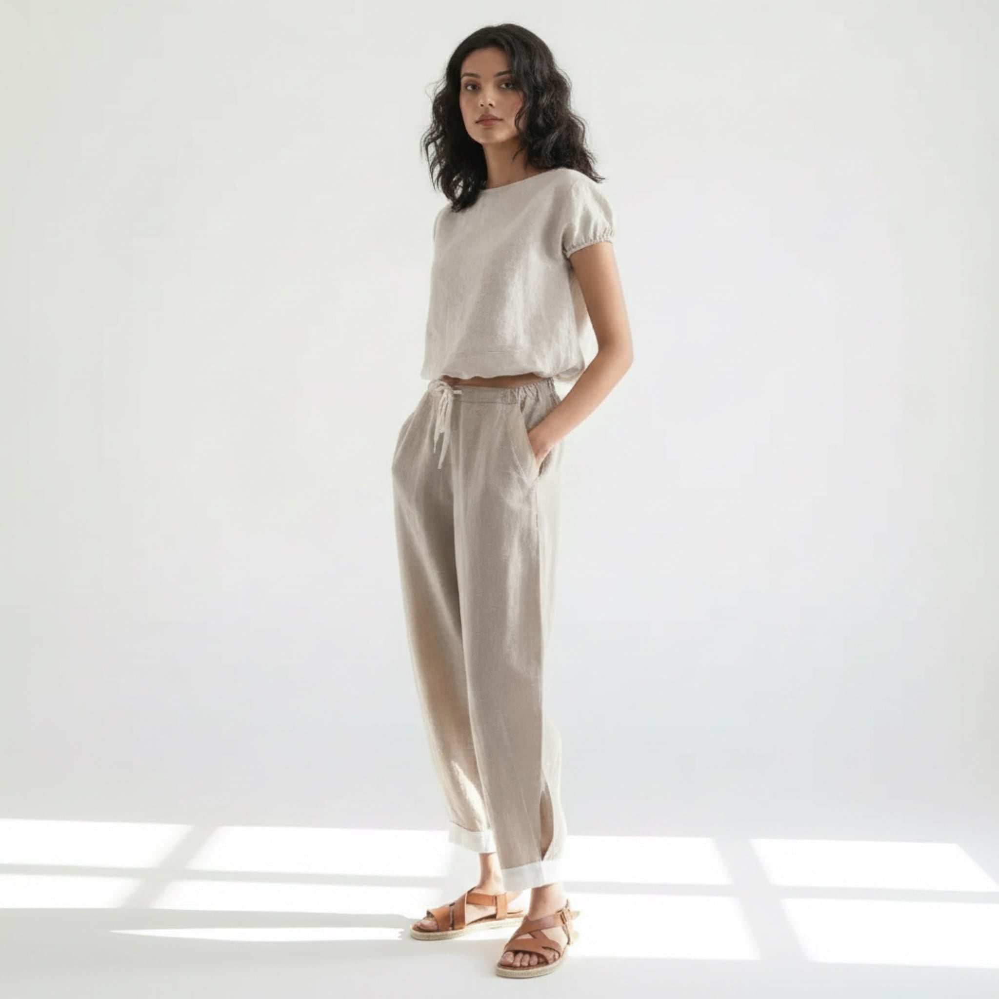 Linen Drawstring Pants, Cuffed Hem Side Pocket