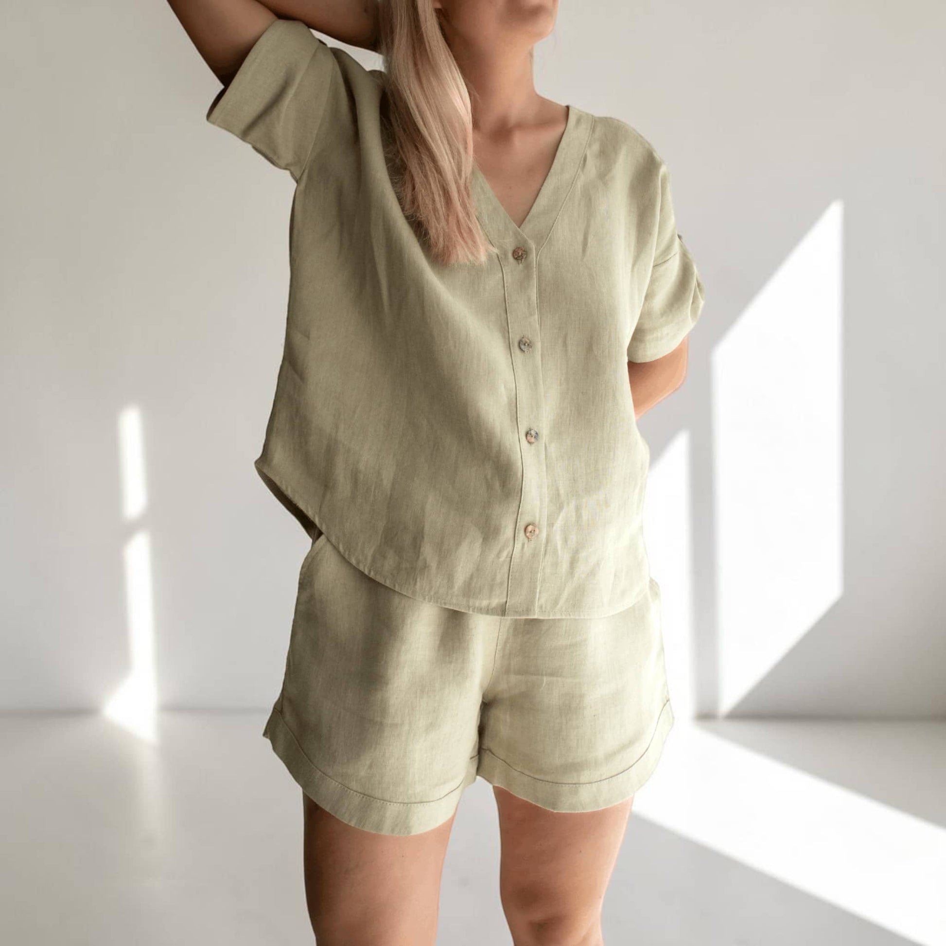 Linen Drawstring Shorts, High Waist Side Pockets