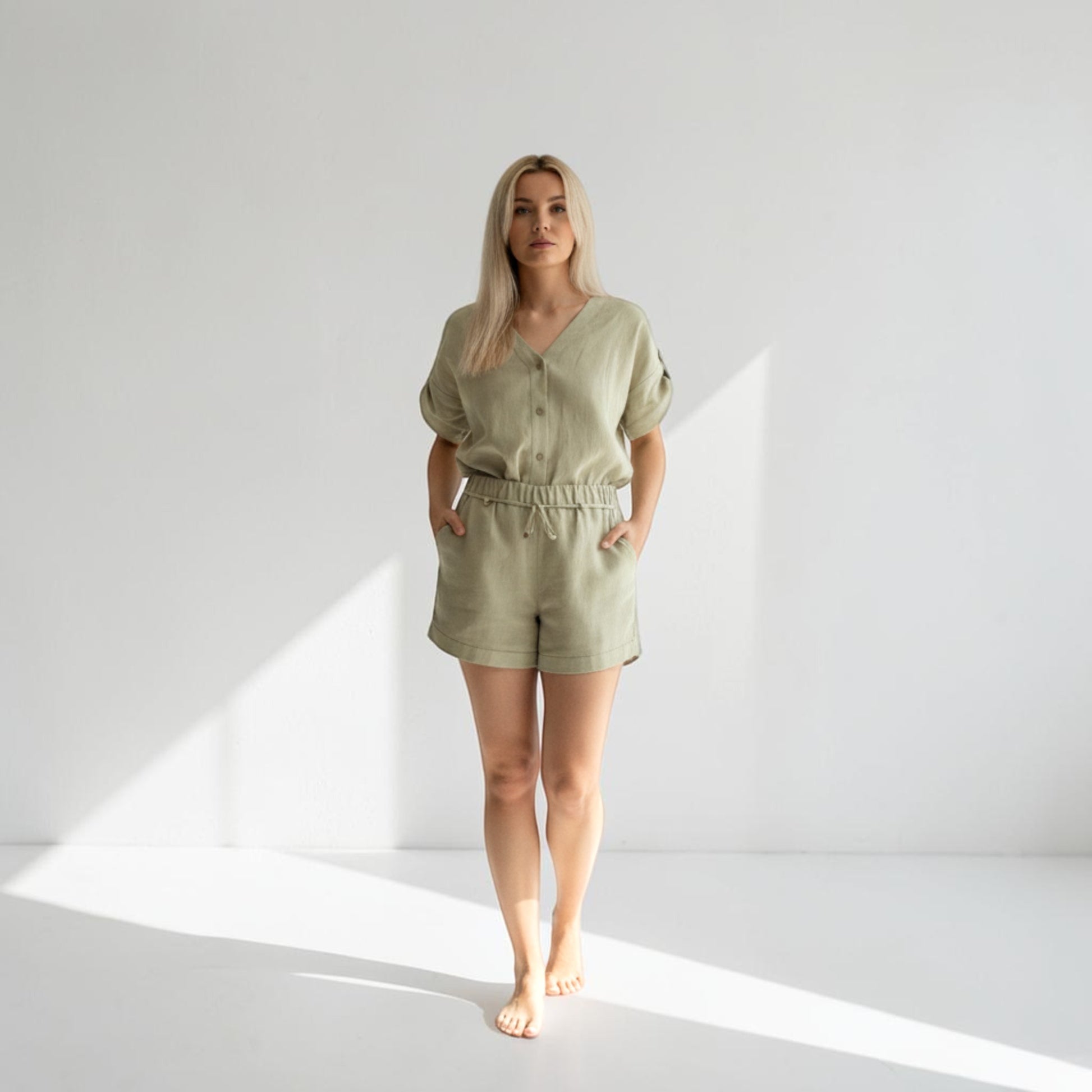 Linen Drawstring Shorts, High Waist Side Pockets
