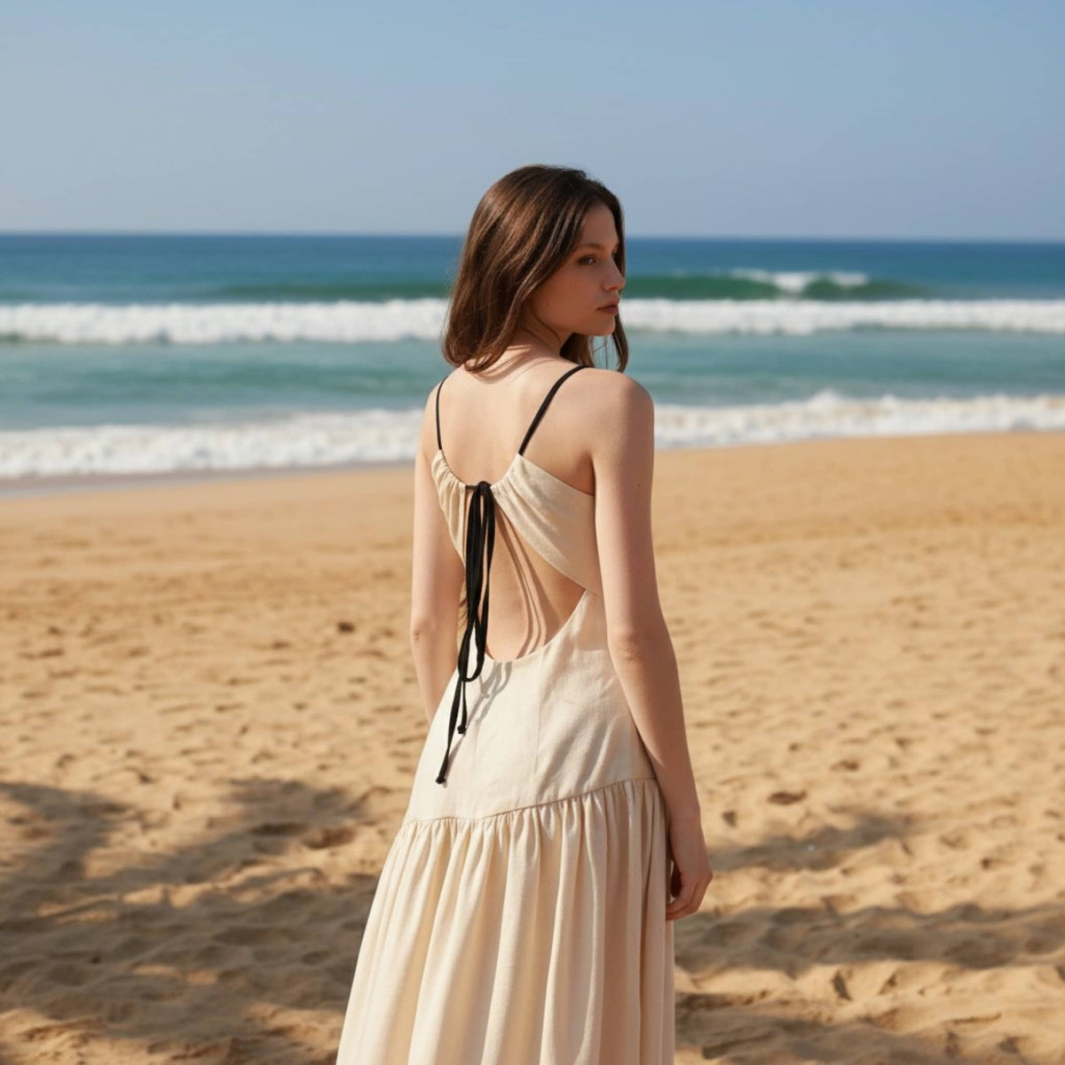 Linen Drop Waist Maxi Dress, Open Back Linen Maxi Dress