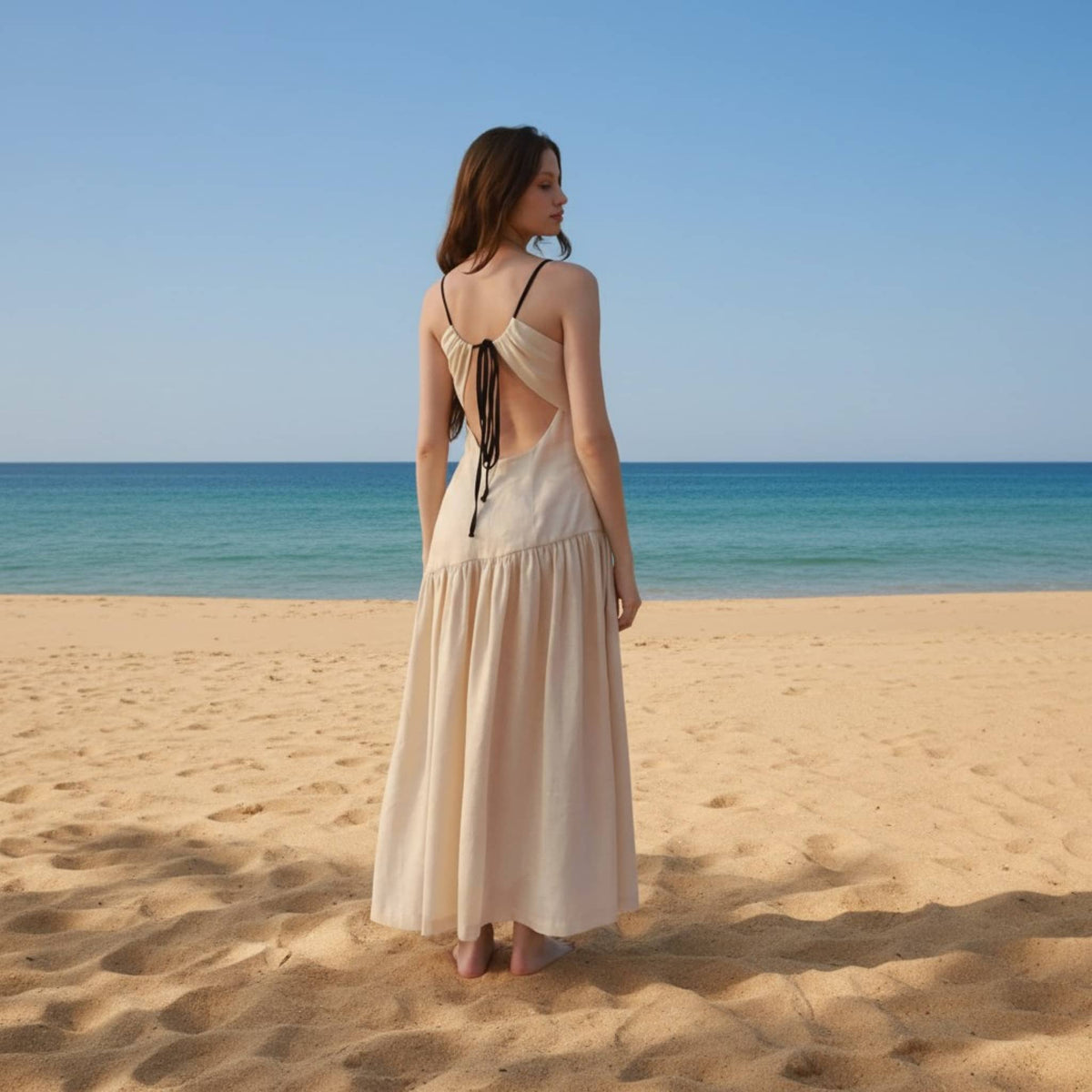 Linen Drop Waist Maxi Dress, Open Back Linen Maxi Dress