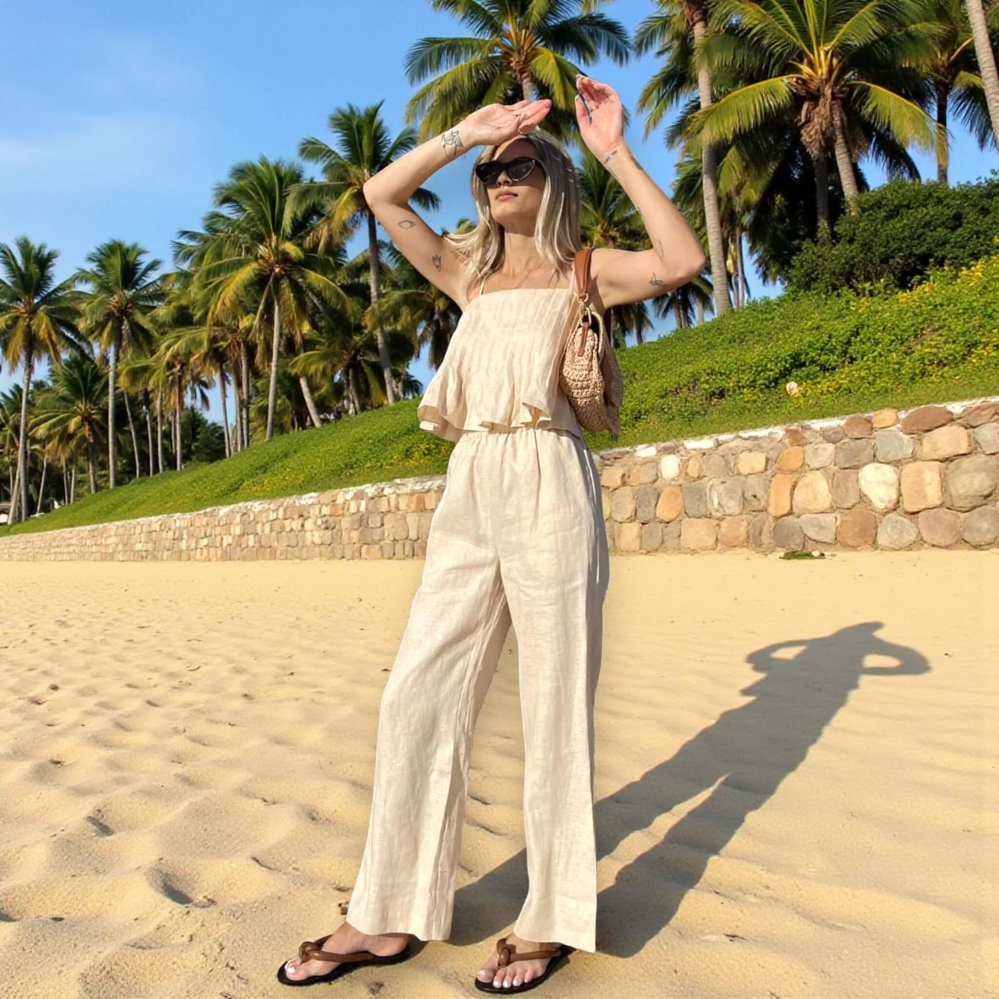 Linen Elastic Waist Culottes, Linen Cropped Wide Leg Pants