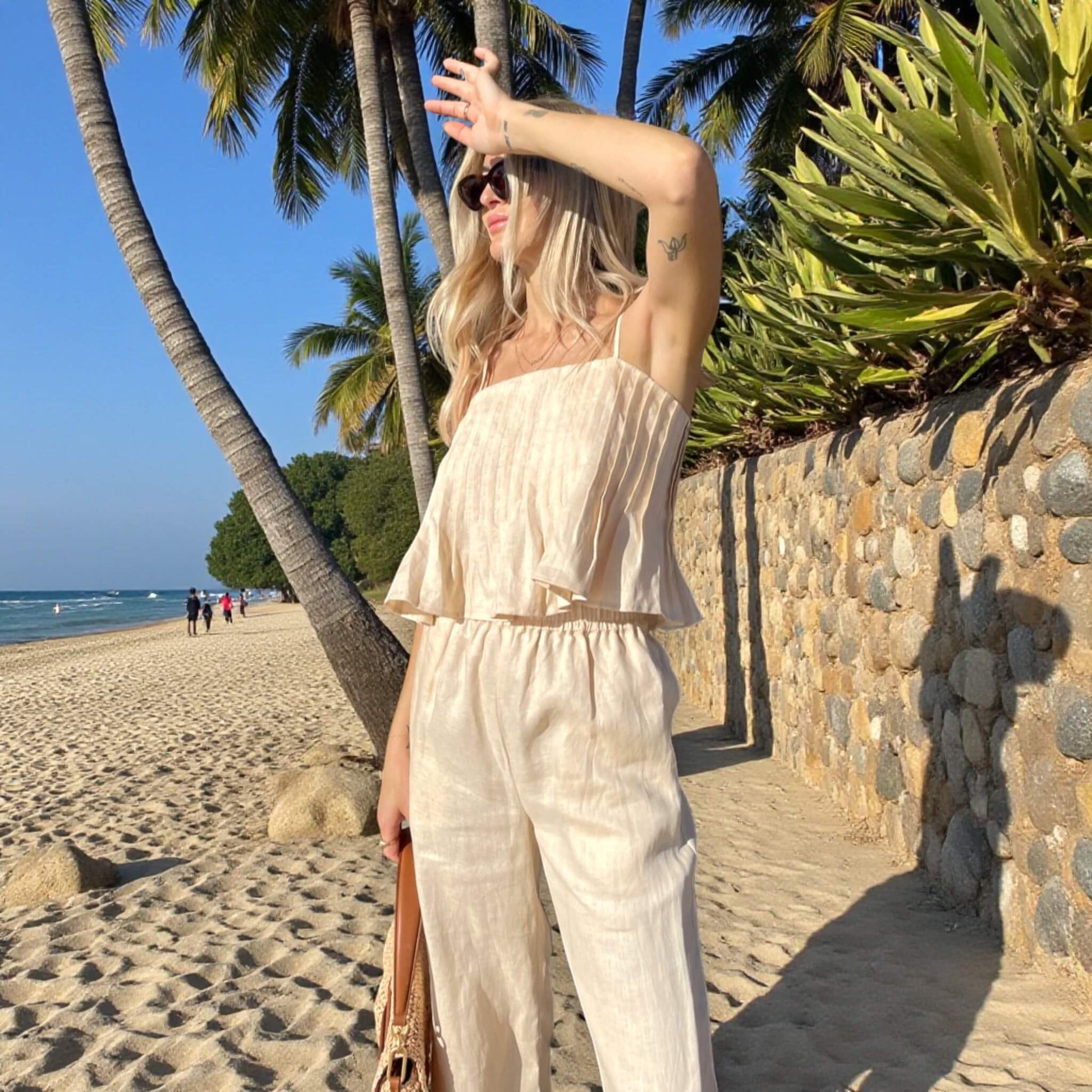 Linen Elastic Waist Culottes, Linen Cropped Wide Leg Pants