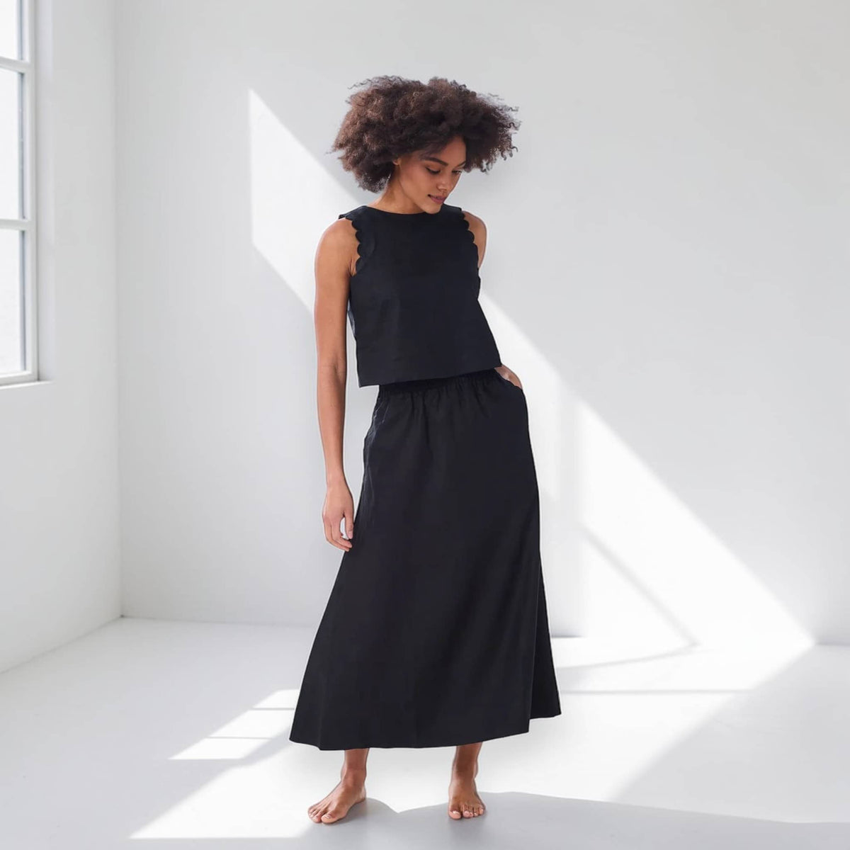 Elastic-Waist Linen Maxi Skirt, Relaxed Straight Skirt
