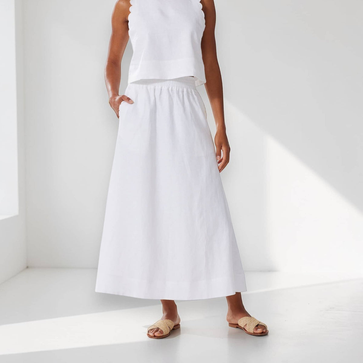 Elastic-Waist Linen Maxi Skirt, Relaxed Straight Skirt