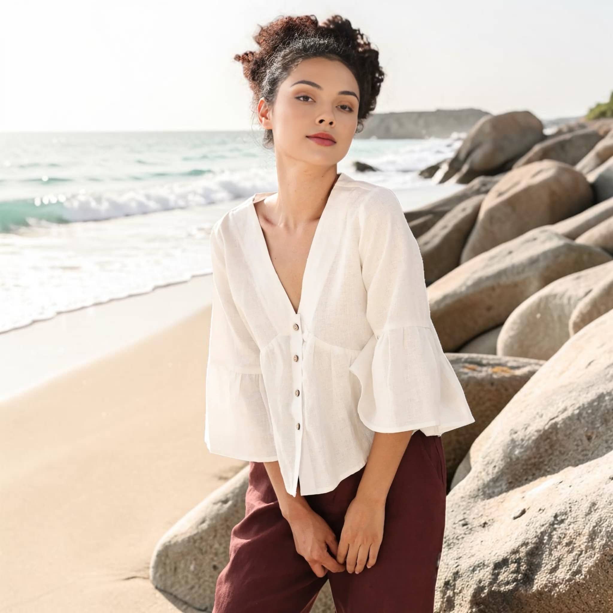 Linen Flounce Sleeve Top, V Neck Button Front