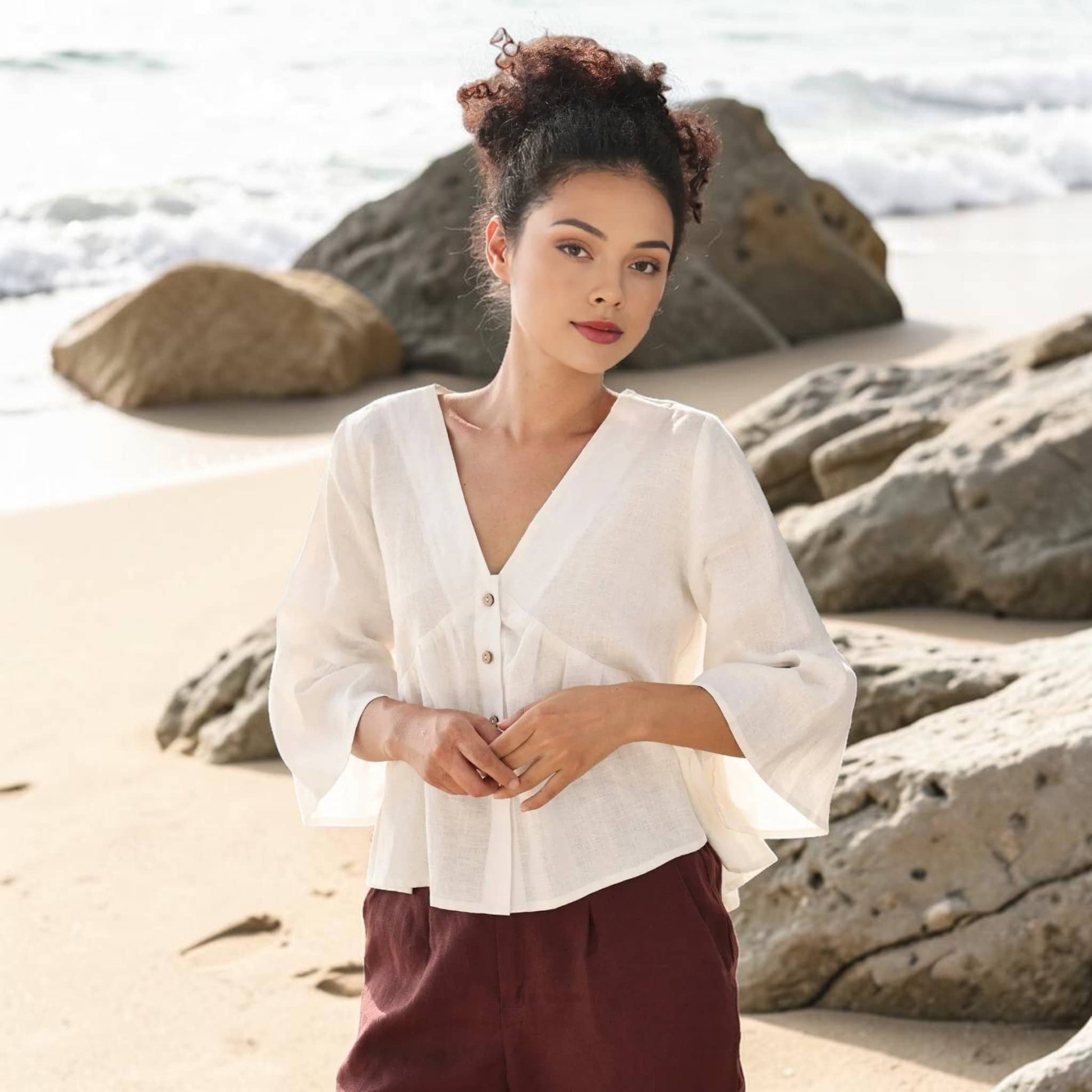 Linen Flounce Sleeve Top, V Neck Button Front